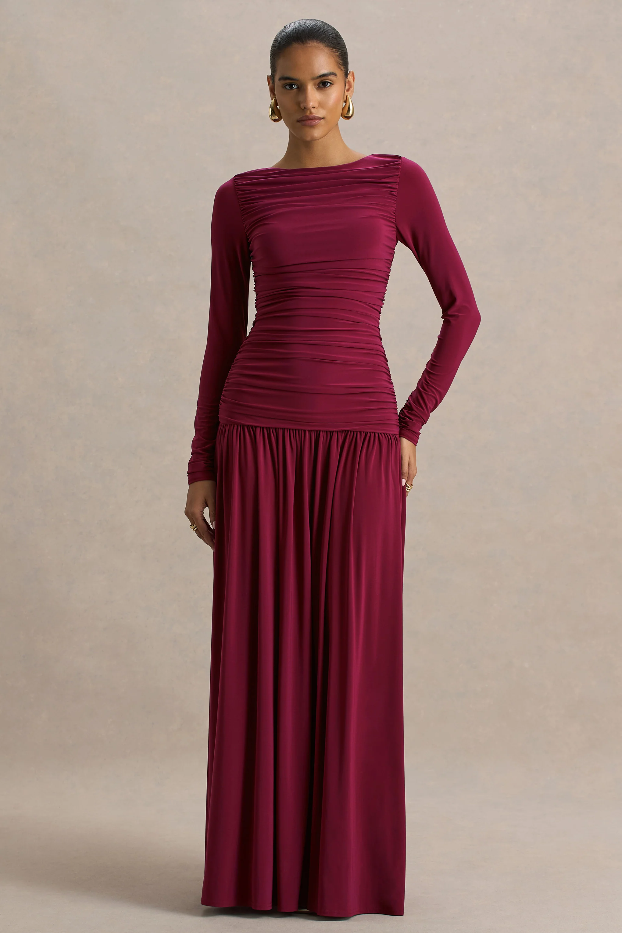 Aniyah | Burgundy High-Neck Maxi Dress With Ruched Detailing
