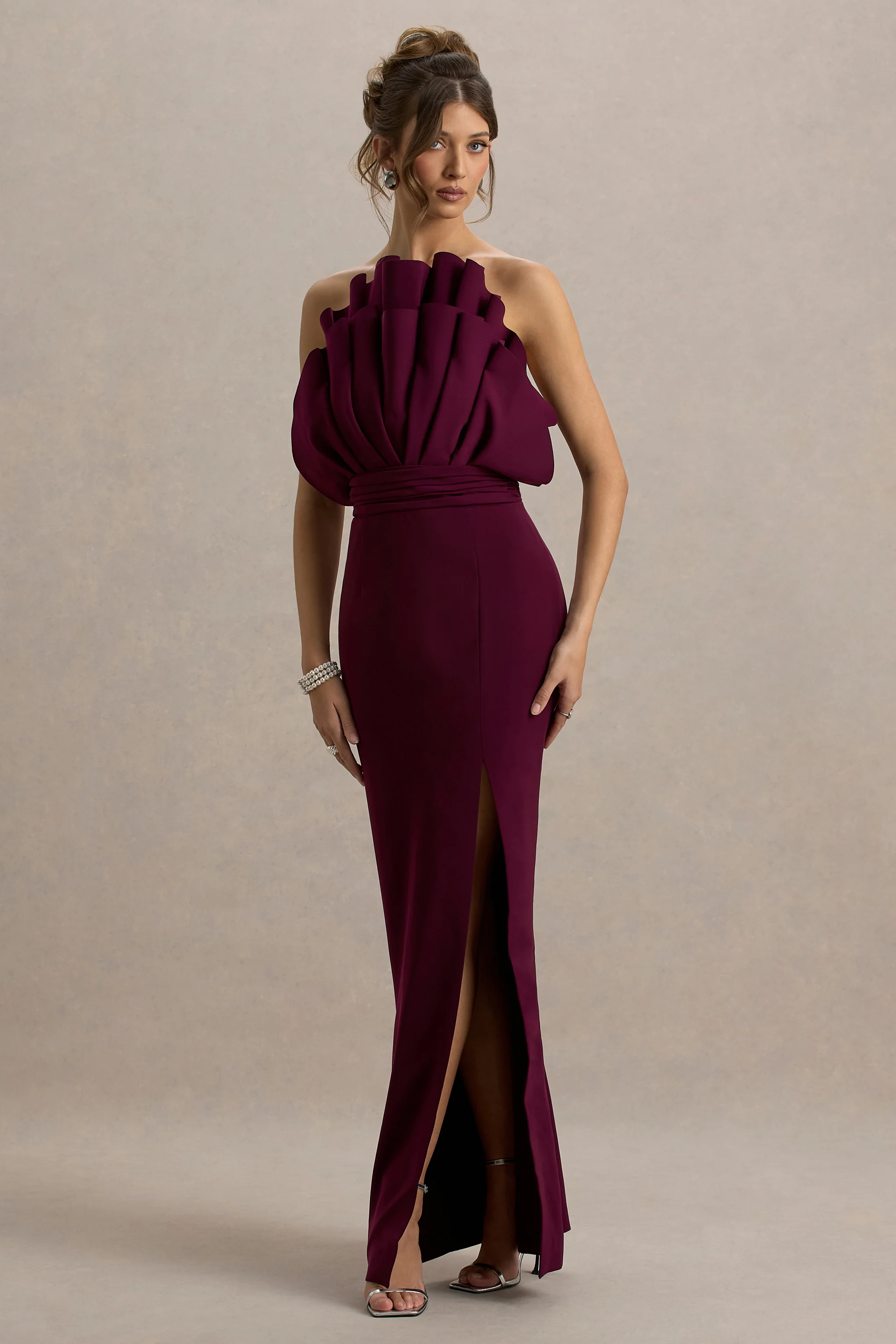 Set The Bar | Plum Ruffled Strapless Split Maxi Dress