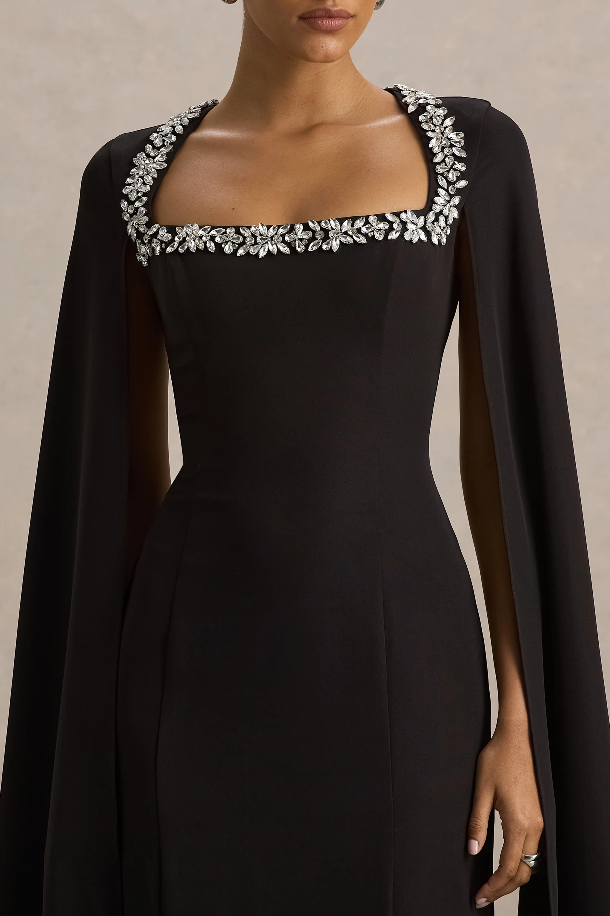 Glossy | Black Woven Square-Neck Maxi Dress With Cape Sleeves and Hand-Embellished Detail
