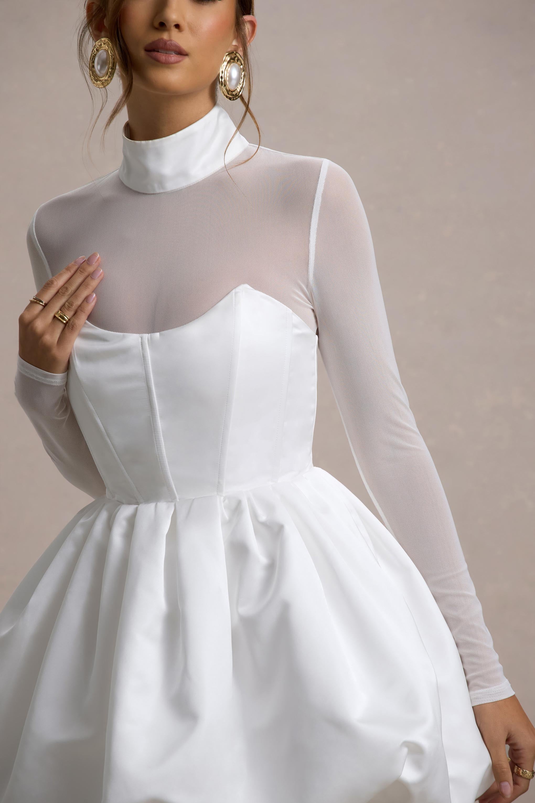 Tinkerbell | White Satin Long-Sleeve Puffball Mini Dress