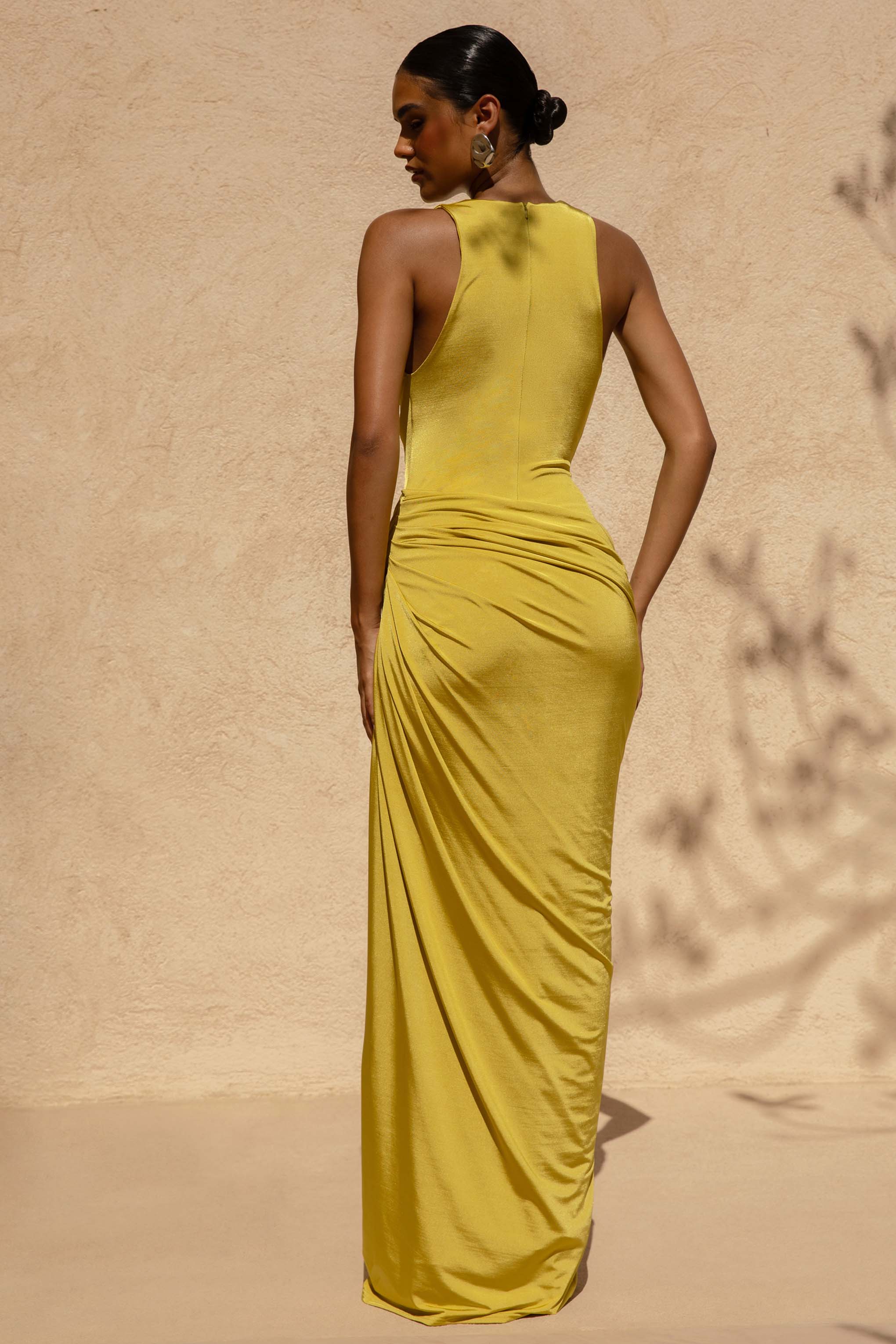 Mademoiselle | Yellow Cowl-Neck Maxi Dress With Draped Detailing
