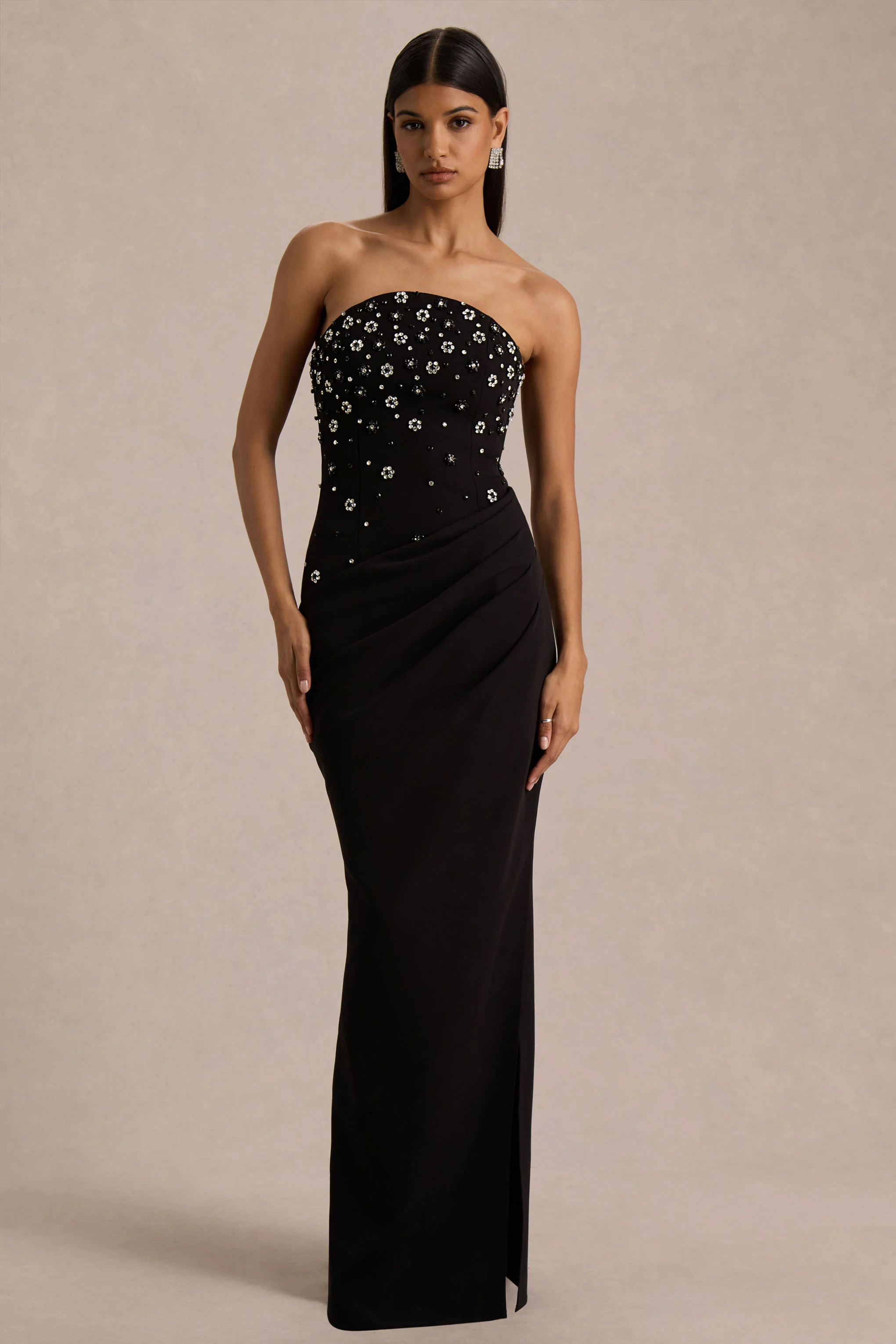 Saphira | Black Hand-Embellished Bandeau-Neck Maxi Dress