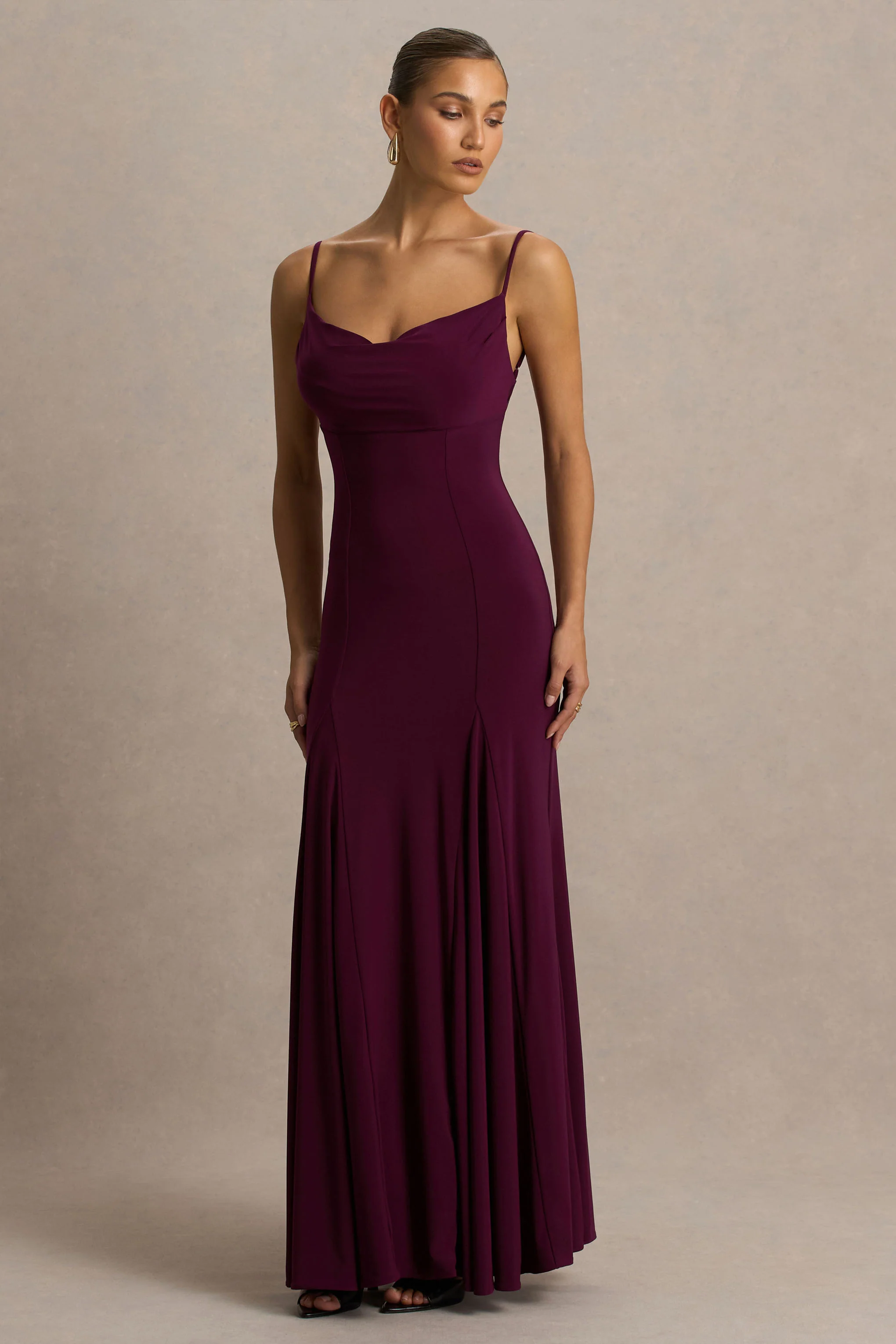 Gabbie | Burgundy Cowl-Neck Maxi Dress With Mesh Back Detail