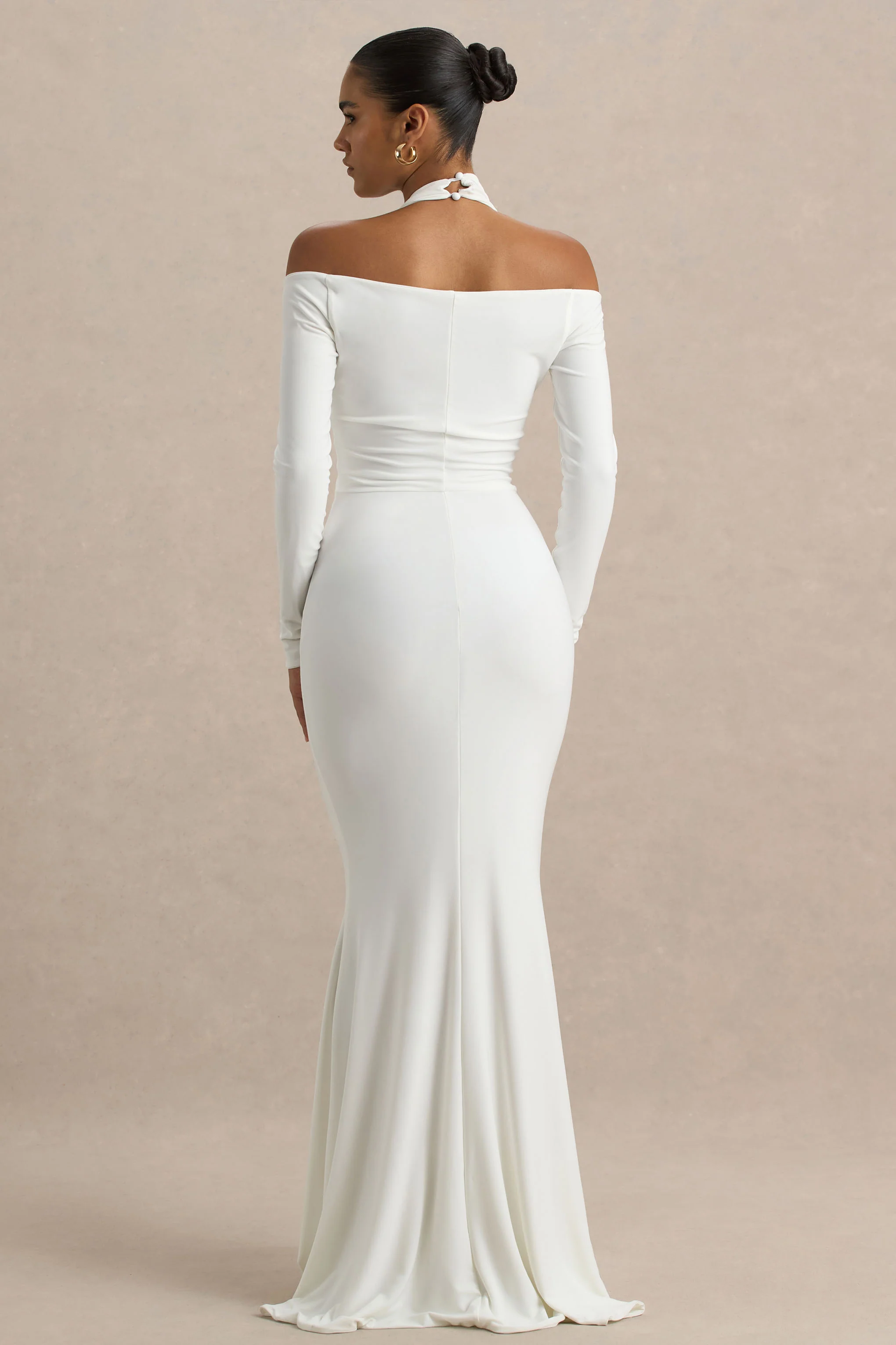 Living High | White Halter-Neck Maxi Dress With Long Sleeves
