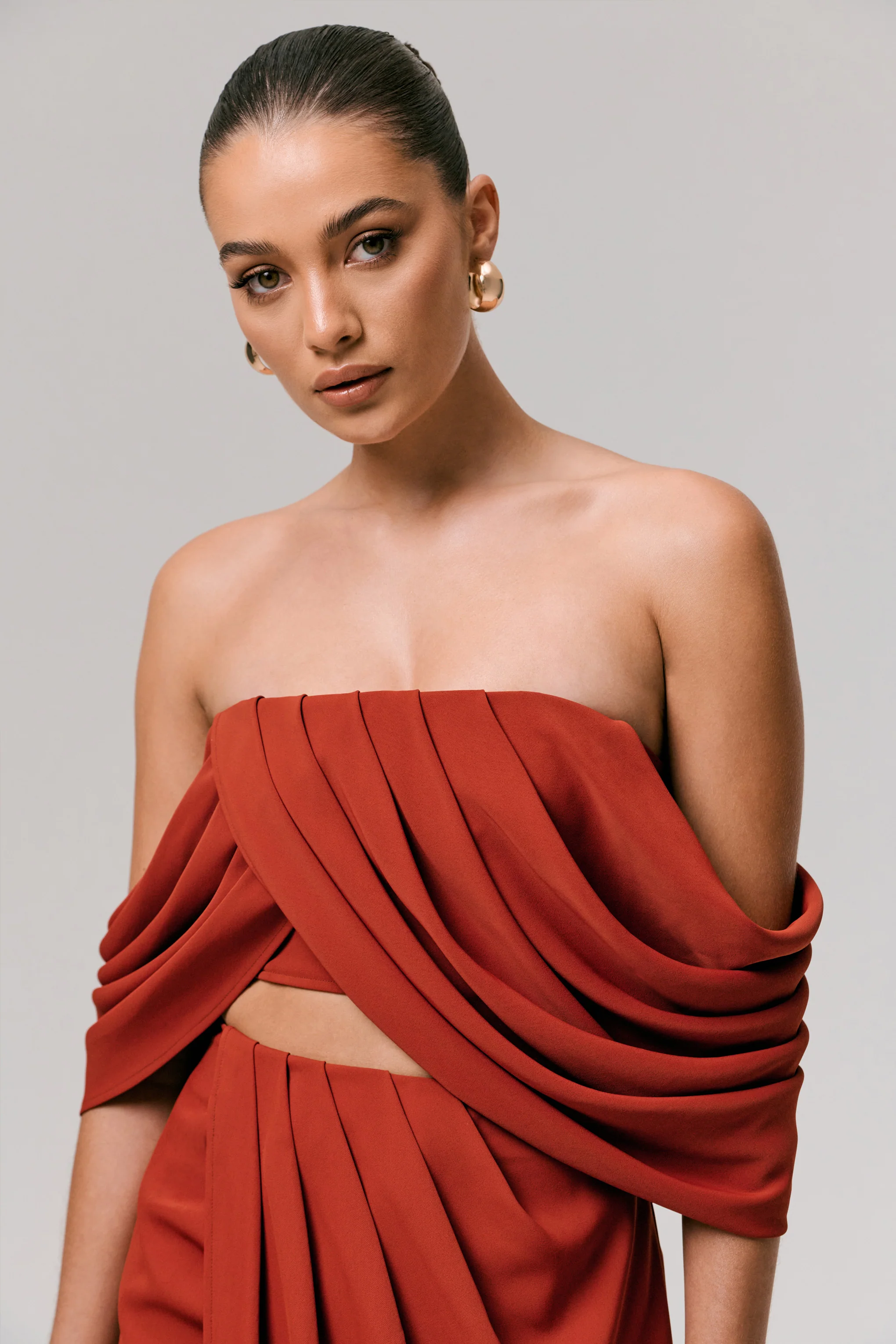 Talika | Terracotta Bardot Crop-Top With Draped Sleeves