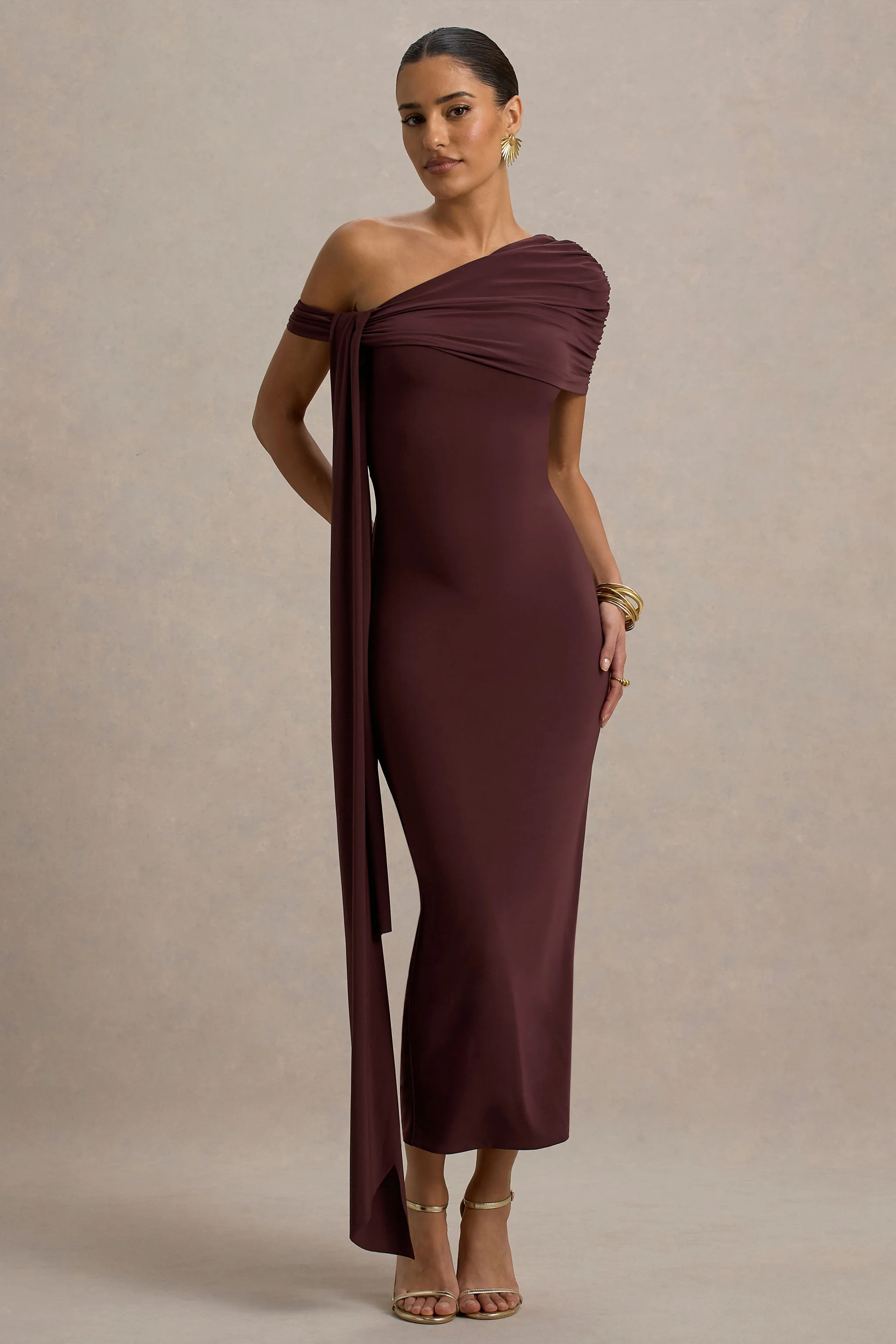 Praia | Burgundy Asymmetric-Neck Midi Dress With Sash and Draped Detailing