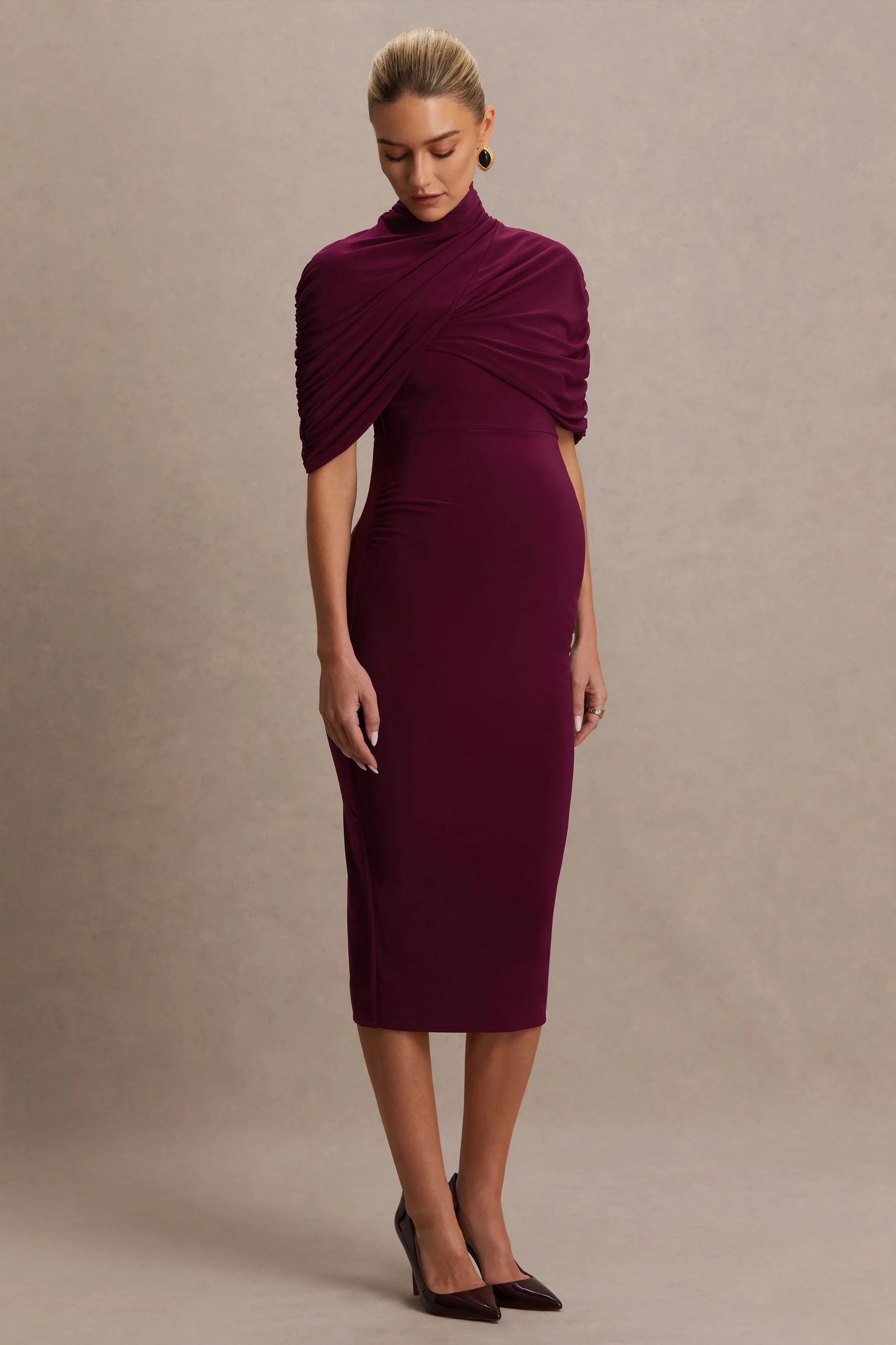 Augustina | Burgundy Maternity Midi Dress With Cape