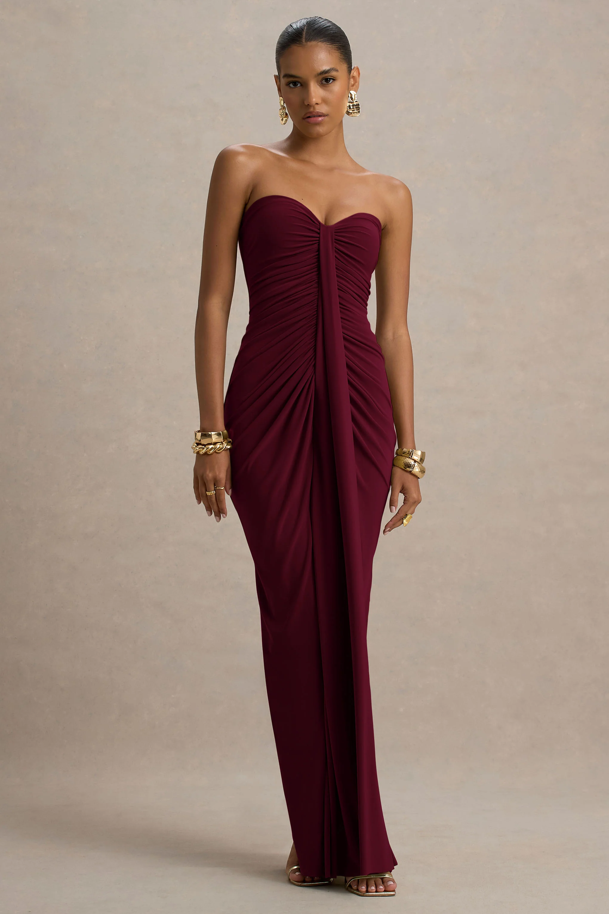 Ali | Burgundy Sweetheart Ruched Wrap Maxi Dress
