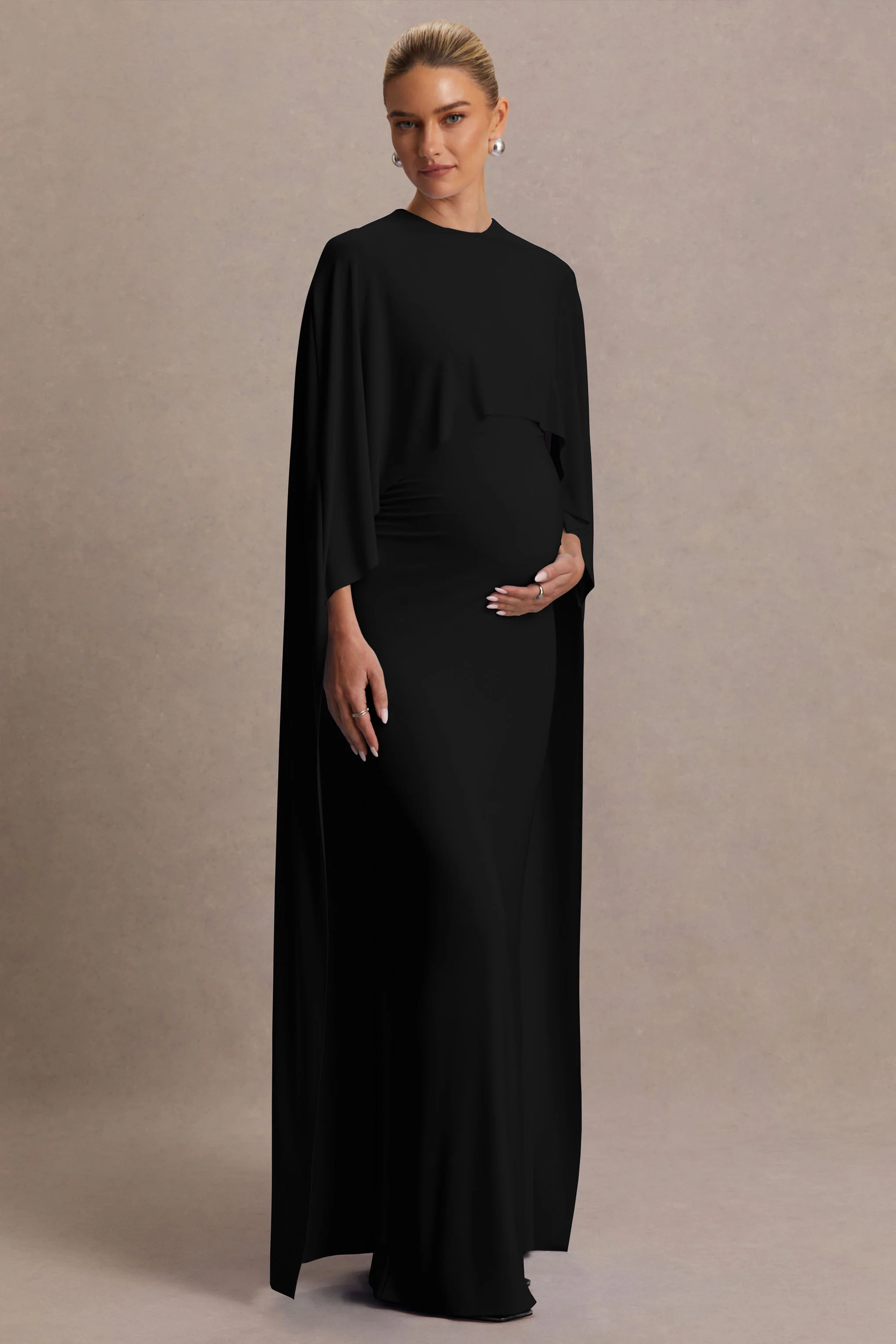 Padma | Black Draped Maternity Maxi Dress With Cape Sleeves