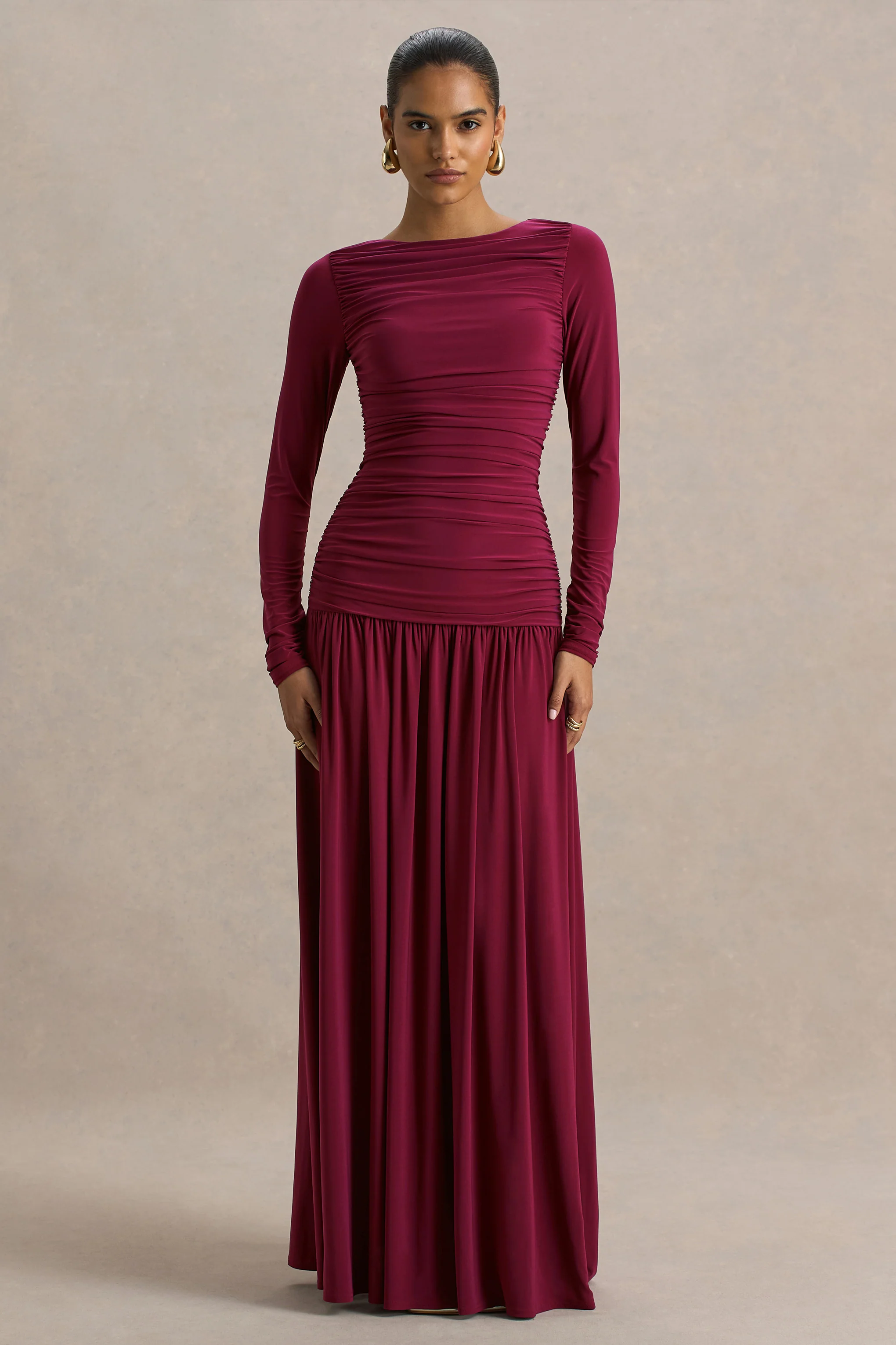Aniyah | Burgundy High-Neck Maxi Dress With Ruched Detailing