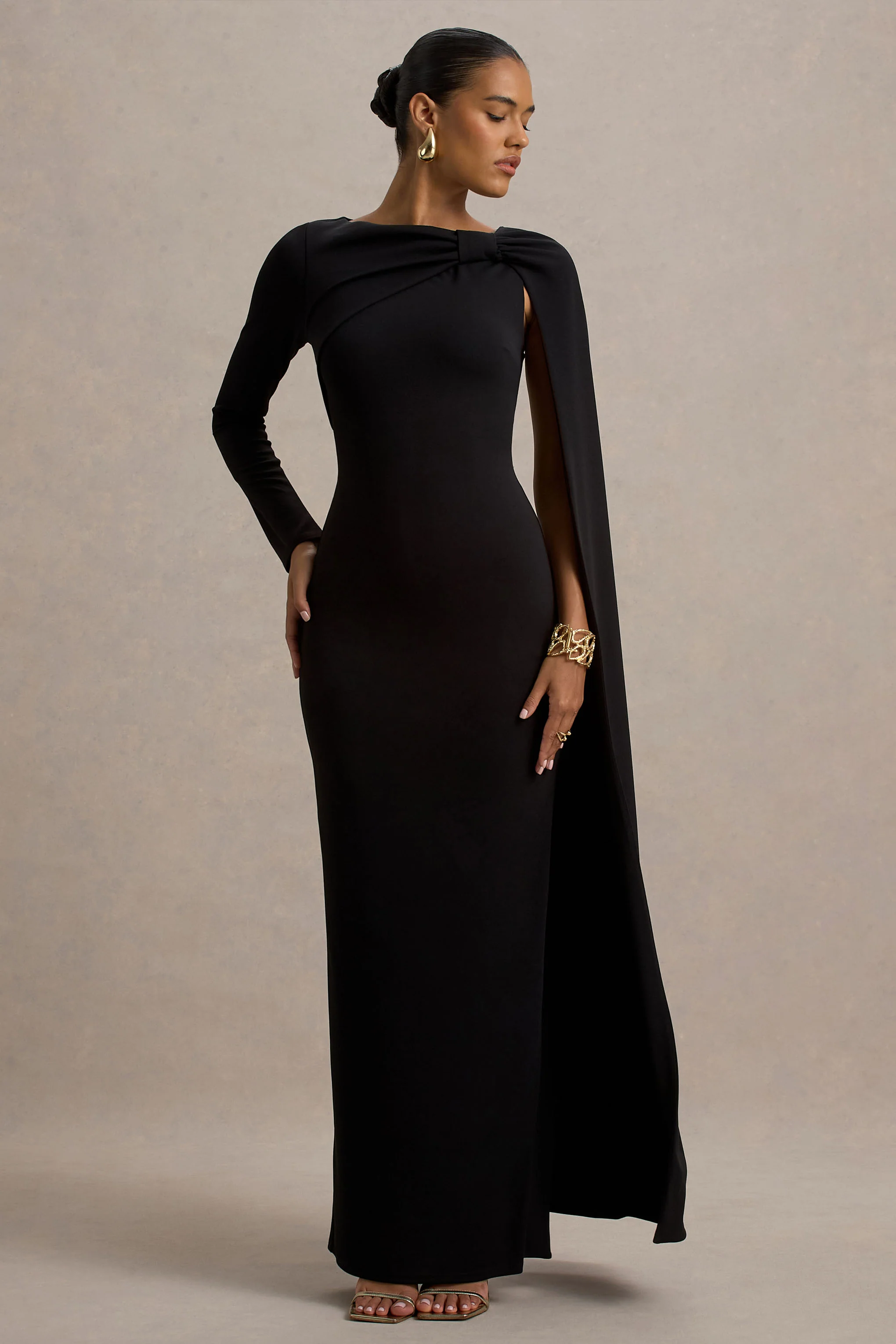 Frances | Black High-Neck Maxi Dress With Cape Detail