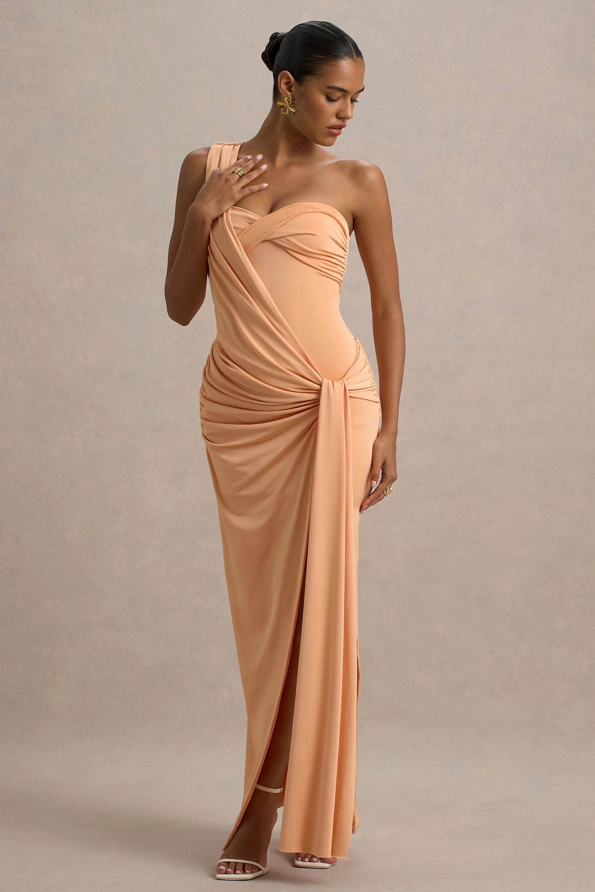 Erminia | Peach One-Shoulder Twist Wrap Maxi Dress