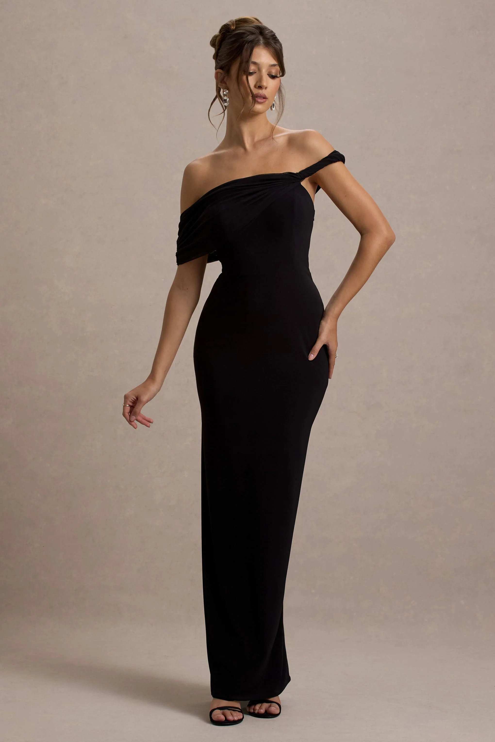 Alonza | Black Twisted Bardot Maxi Dress