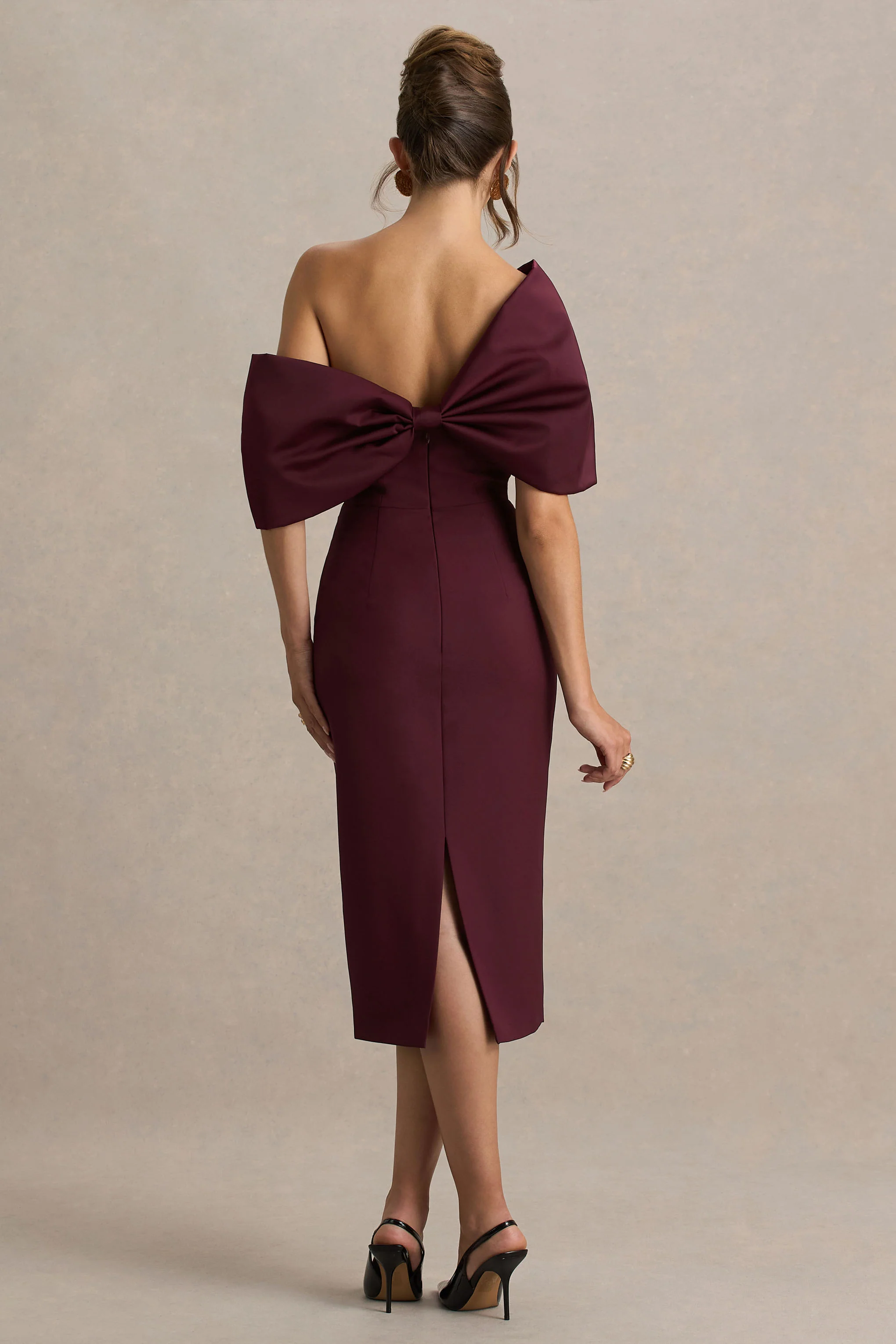 Lucille | Burgundy Asymmetric Bardot Midi Dress