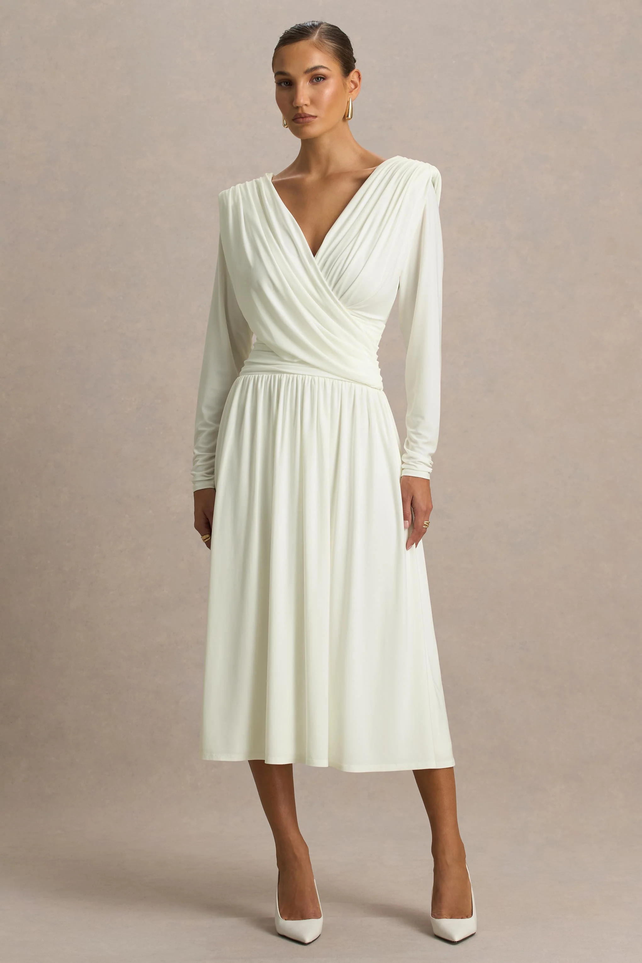 Alexis | Cream Plunge-Neck Midi Dress With Draped And Ruched Detailing