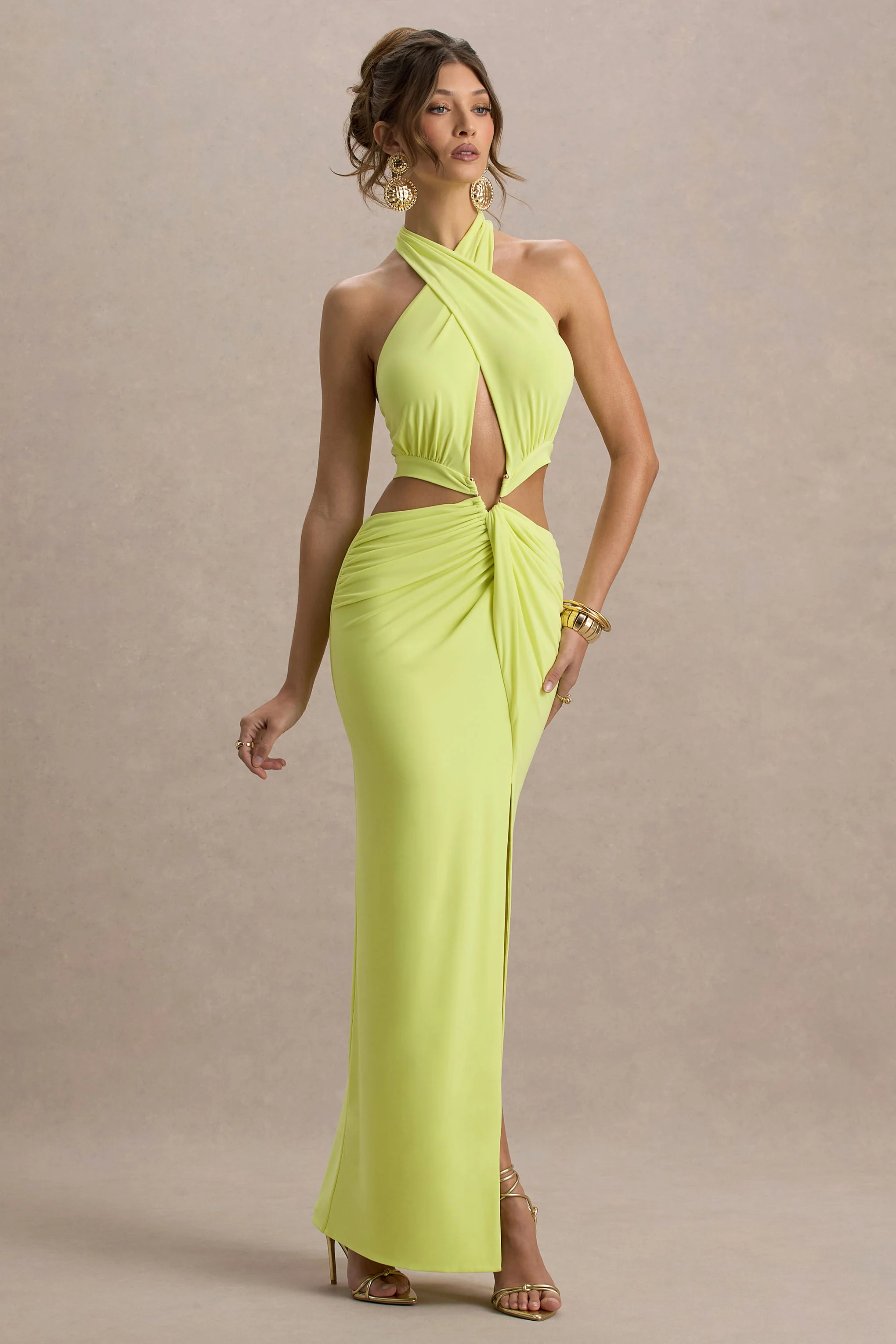 Aura | Lime Green Halter-Neck Cut-Out Split Maxi Dress