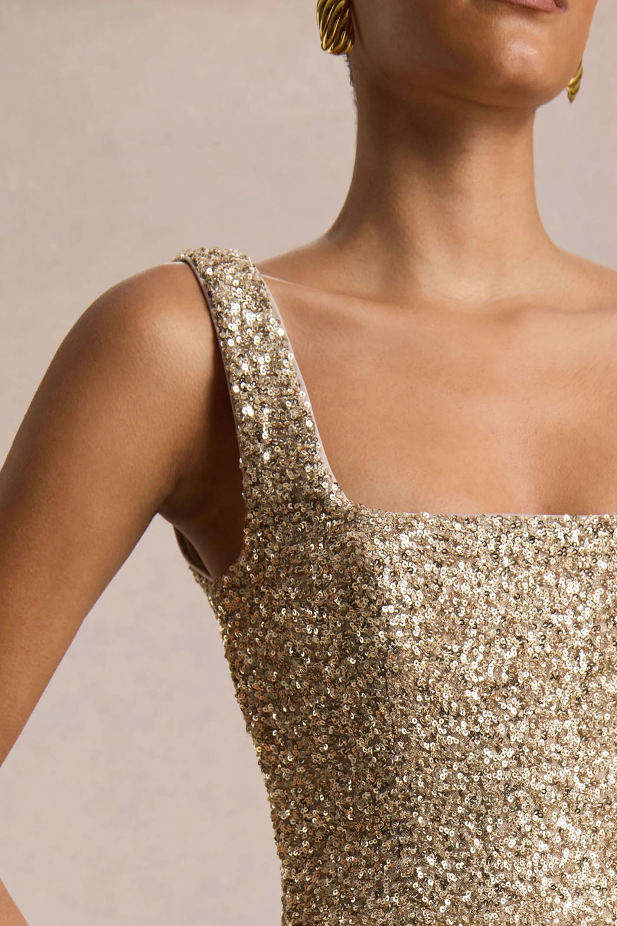 Lima | Champagne Sequin Square-Neck A-Line Midi Dress