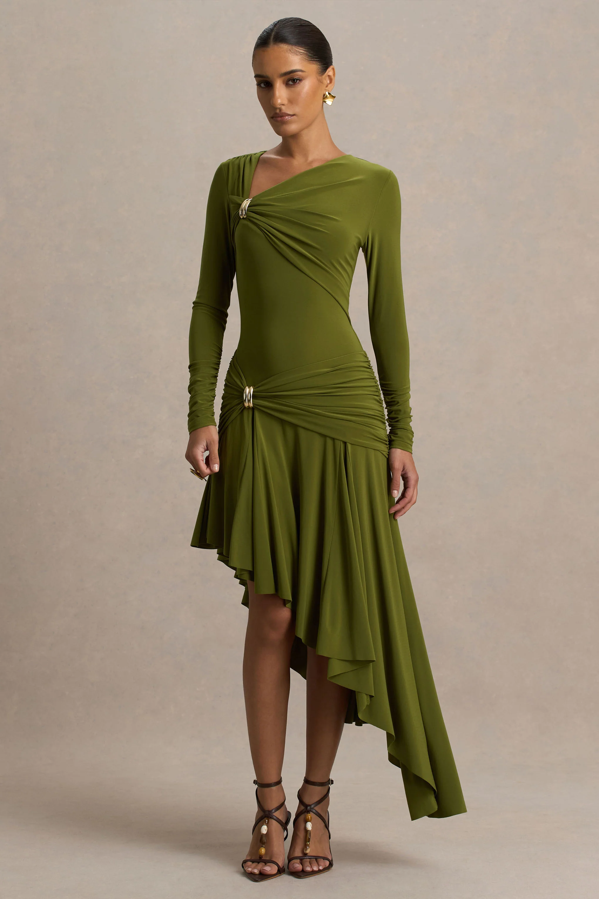 Alexia | Green Asymmetric-Neck Maxi Dress With Embellishment And Ruched Detailing