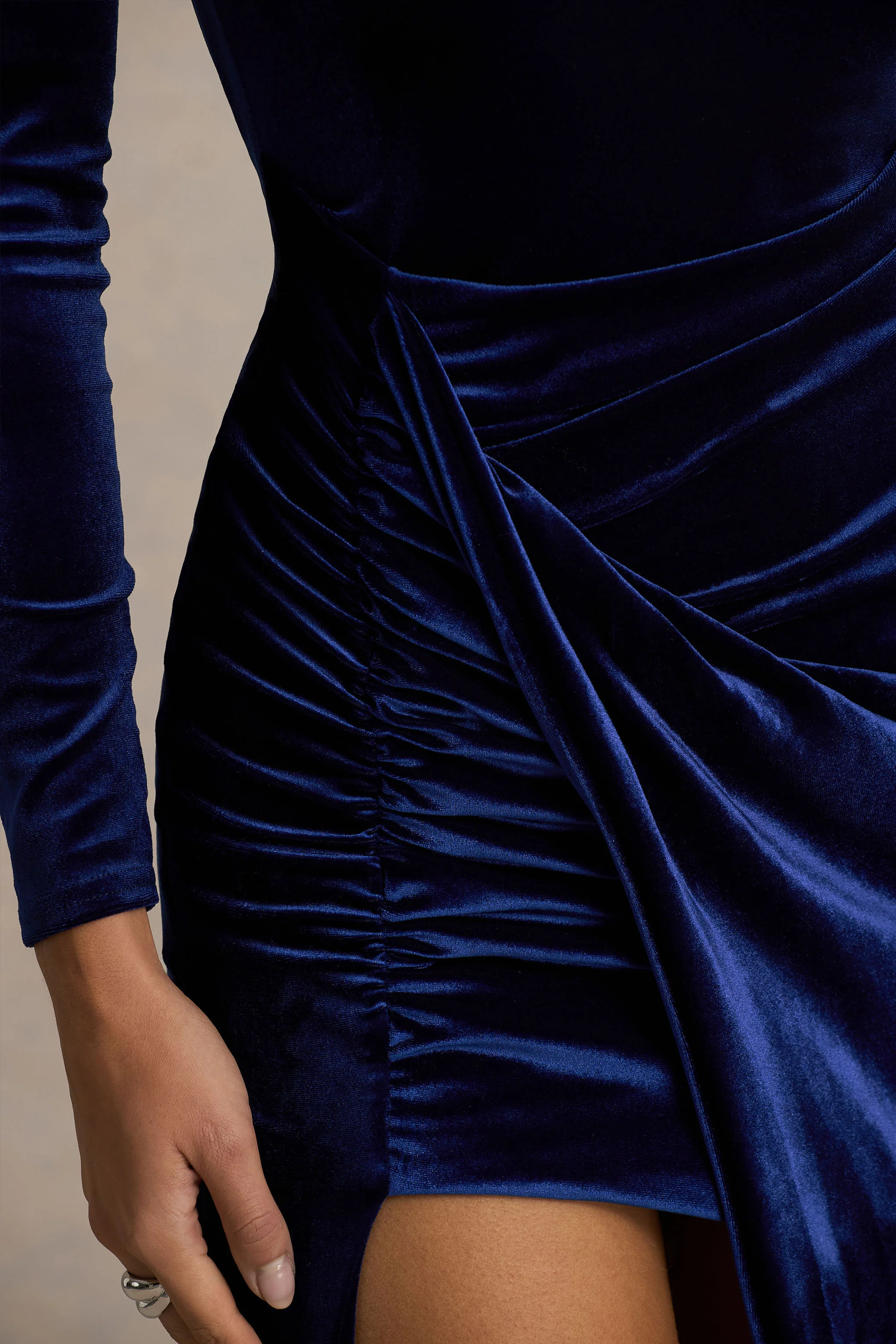 Wishes | Navy Velvet High-Neck Maxi Dress With Wrap Skirt
