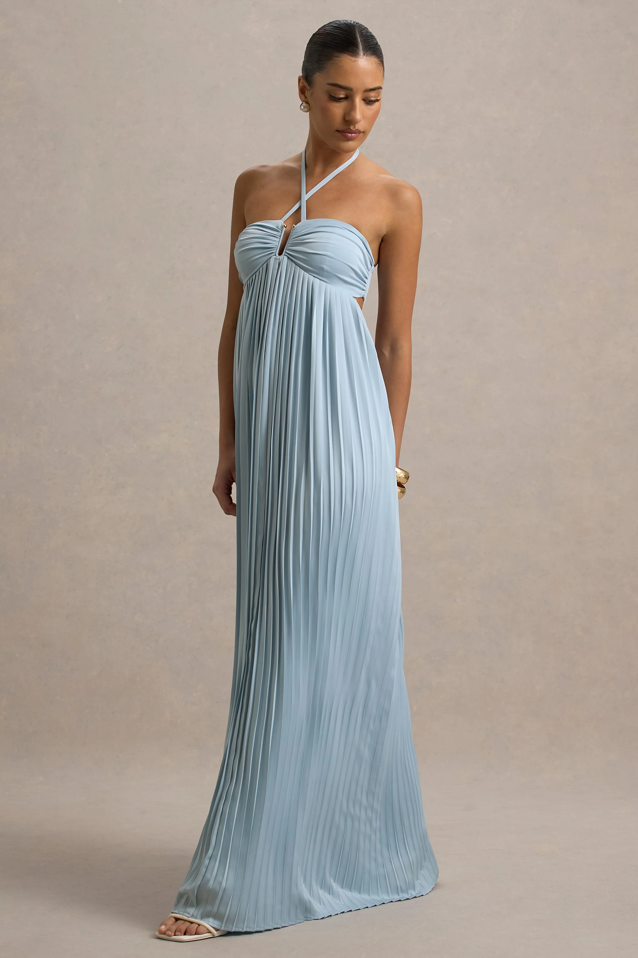 Elayne | Powder Blue Halter-Neck Maxi Dress With Cut-Out Detail