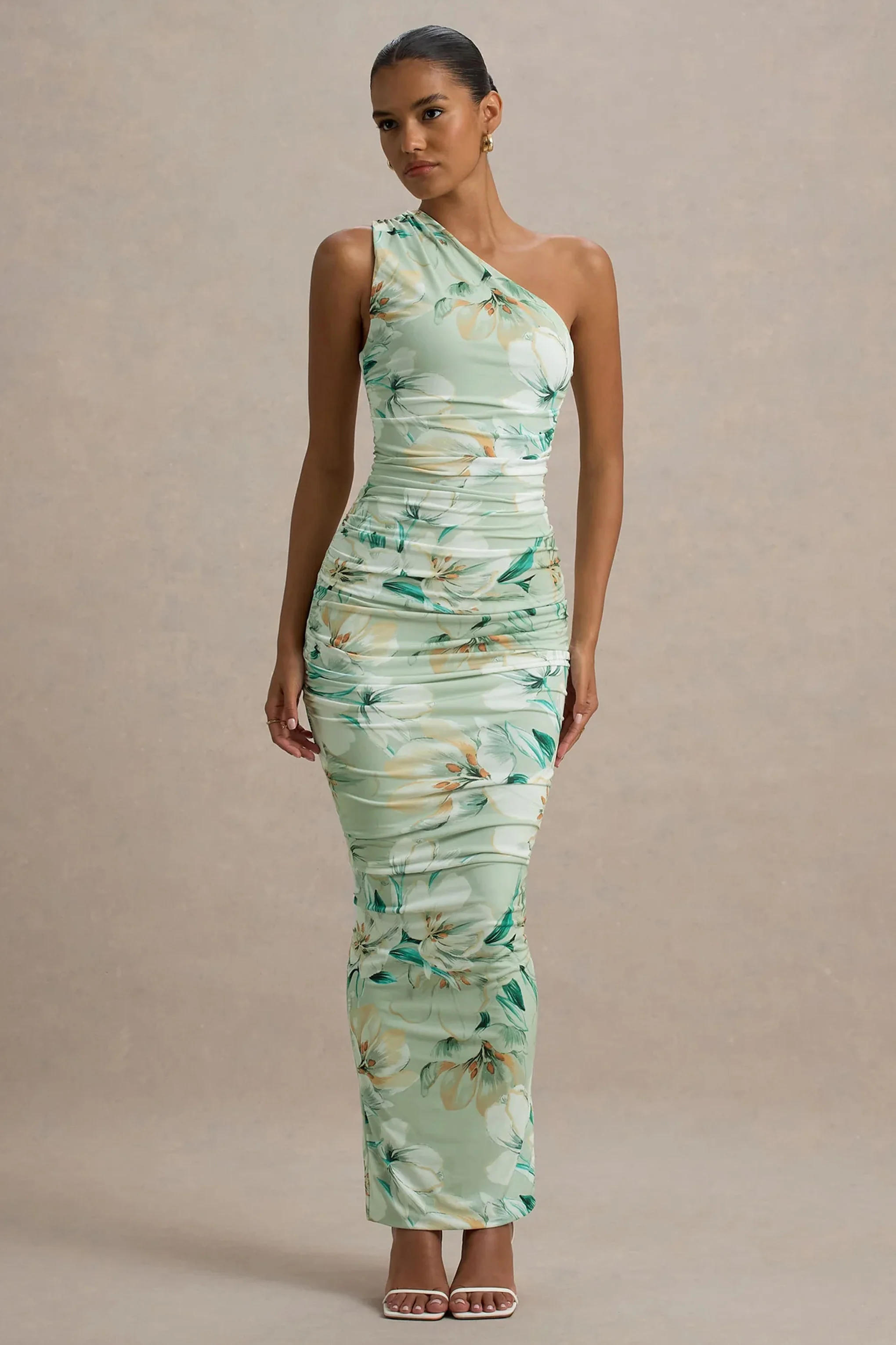 Dalarie | Green Floral Print One-Shoulder Gathered Maxi Dress