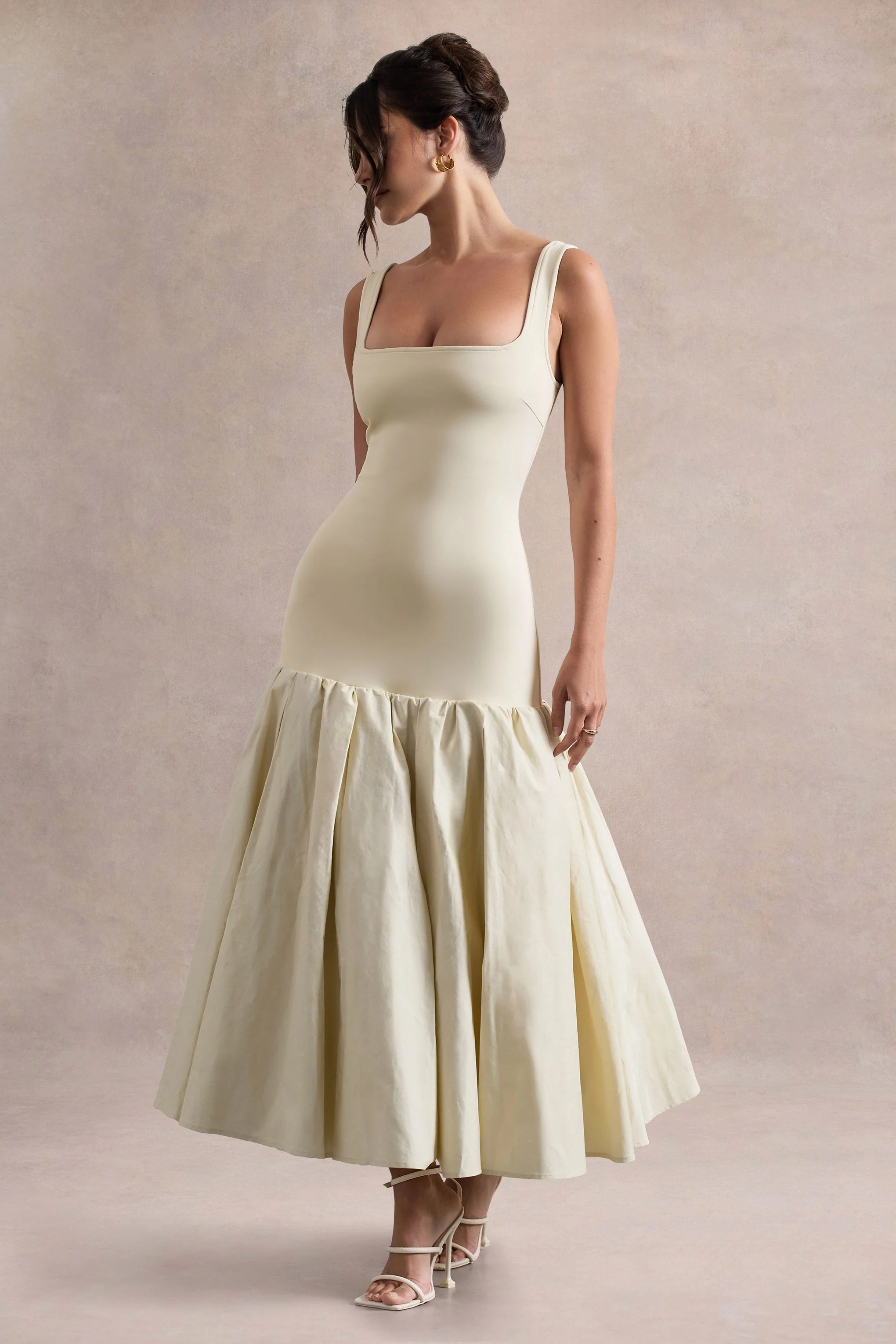 Parida | Cream Poplin Drop-Waist Midi Dress With Peplum Hem