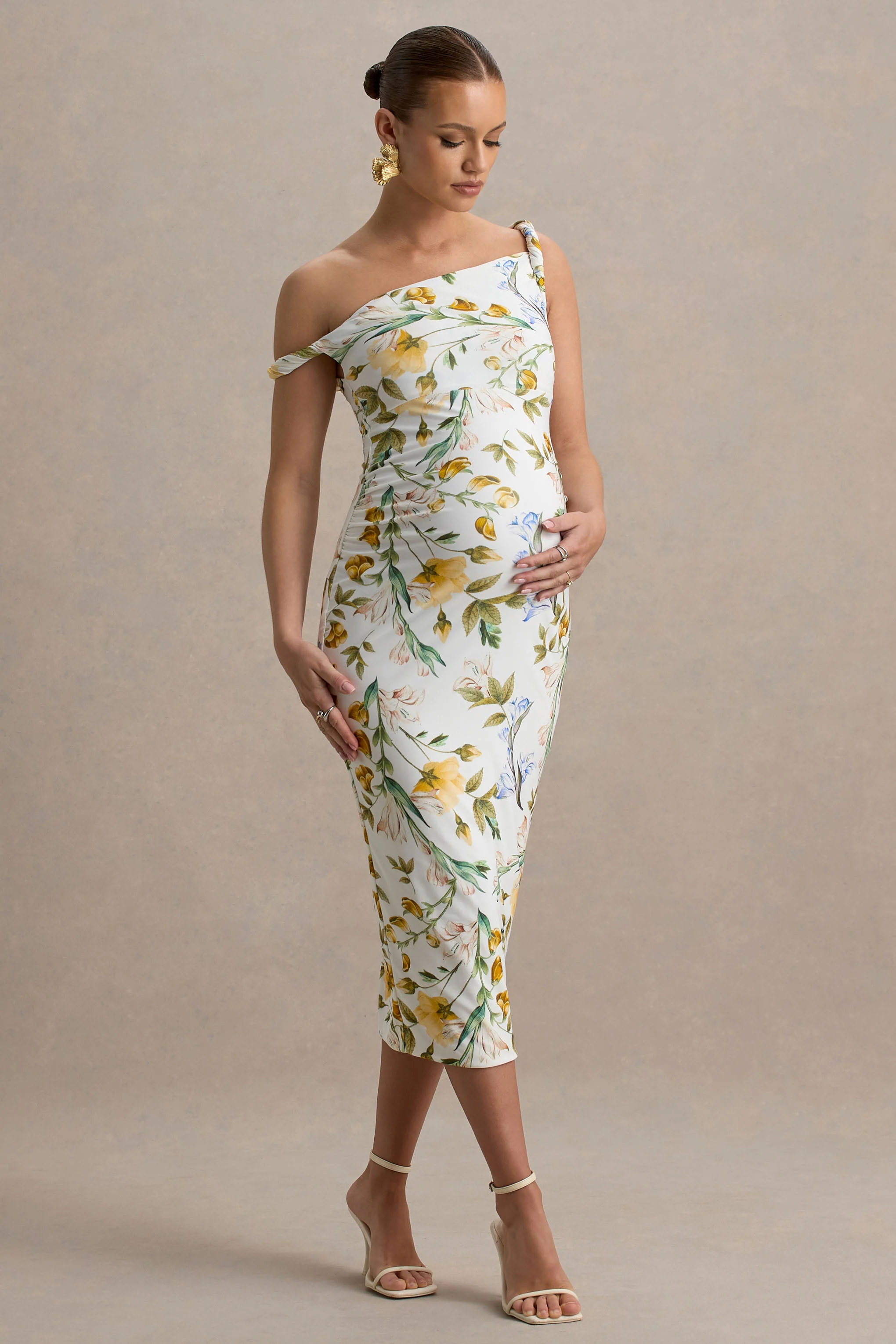 Salome | White Botanical Floral Print Twisted Asymmetric Maternity Midi Dress