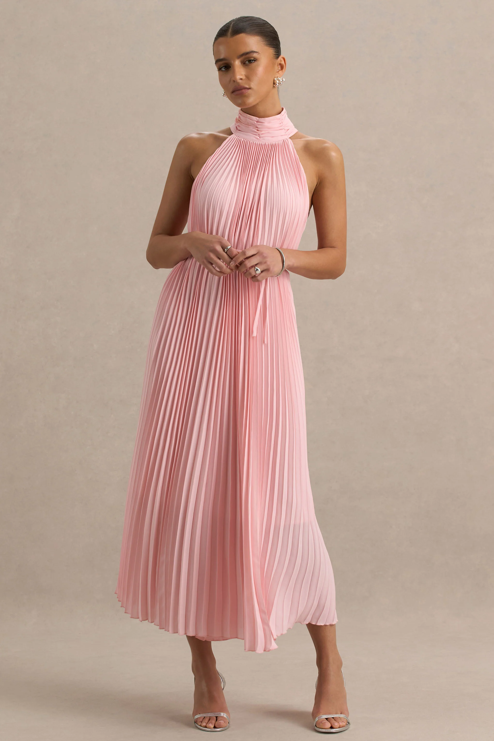 Tulip | Blush Pink Pleated High-Neck Midi Dress