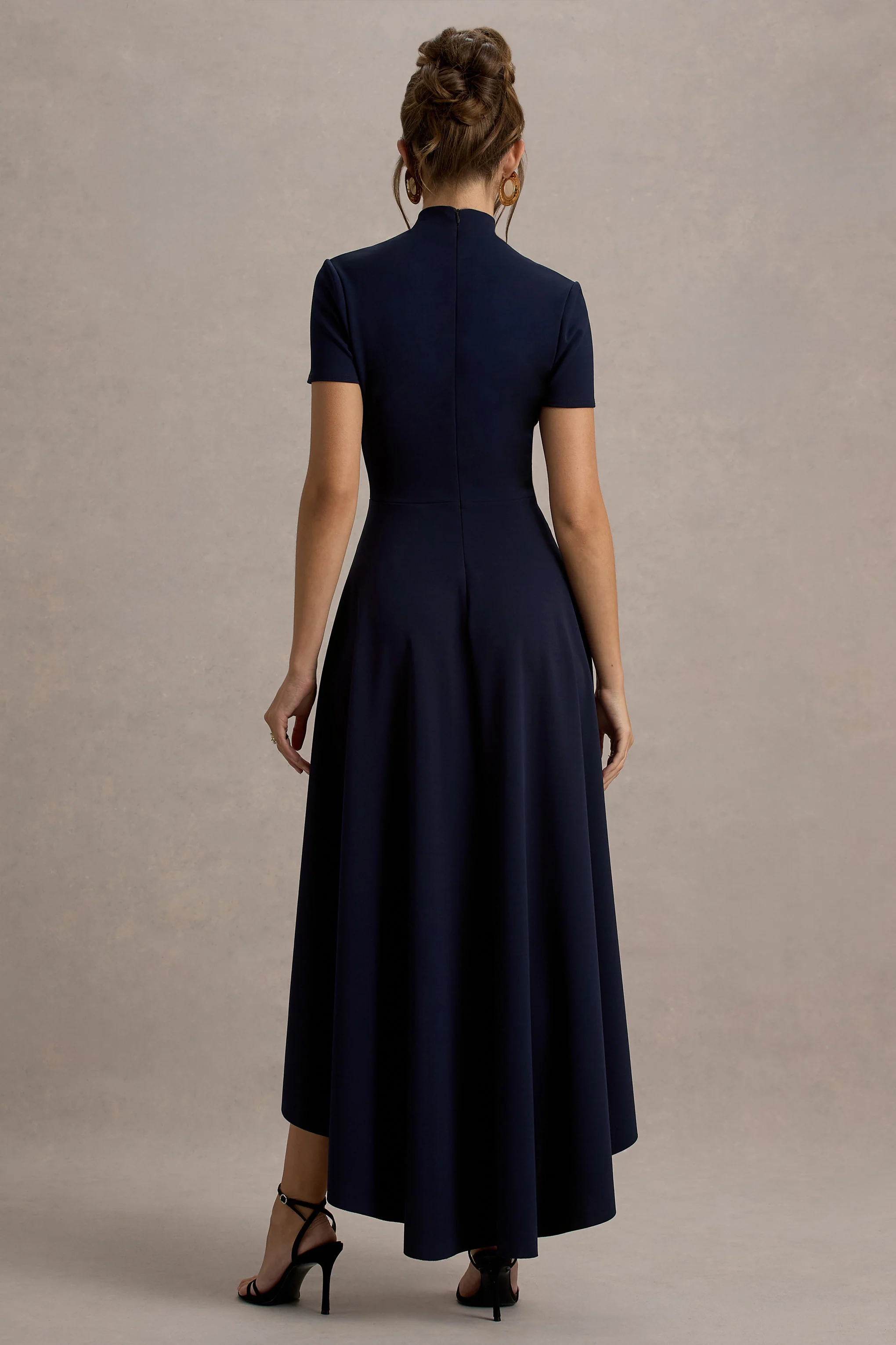Bellona | Navy High-Neck High-Low Midi Dress