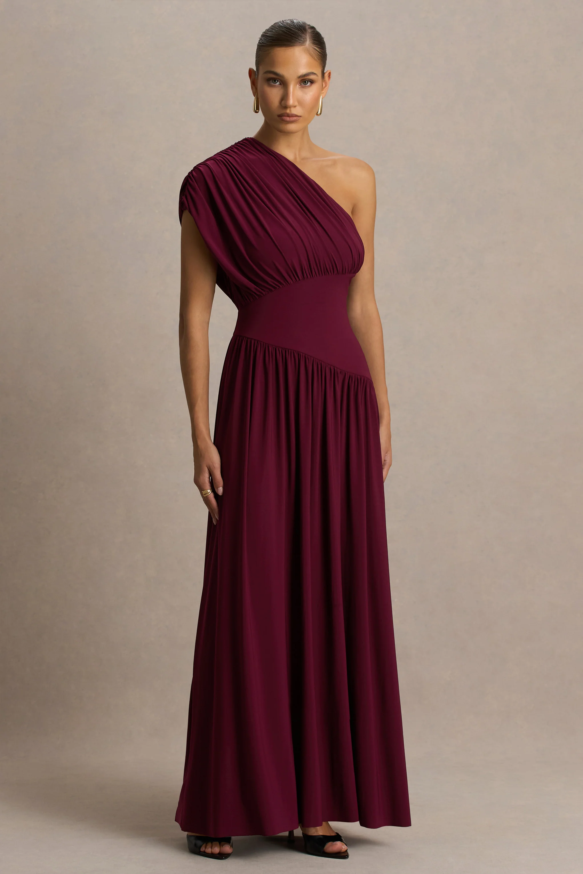 Kelsey | Burgundy Asymmetric-Neck Maxi Dress With Ruched Detailing
