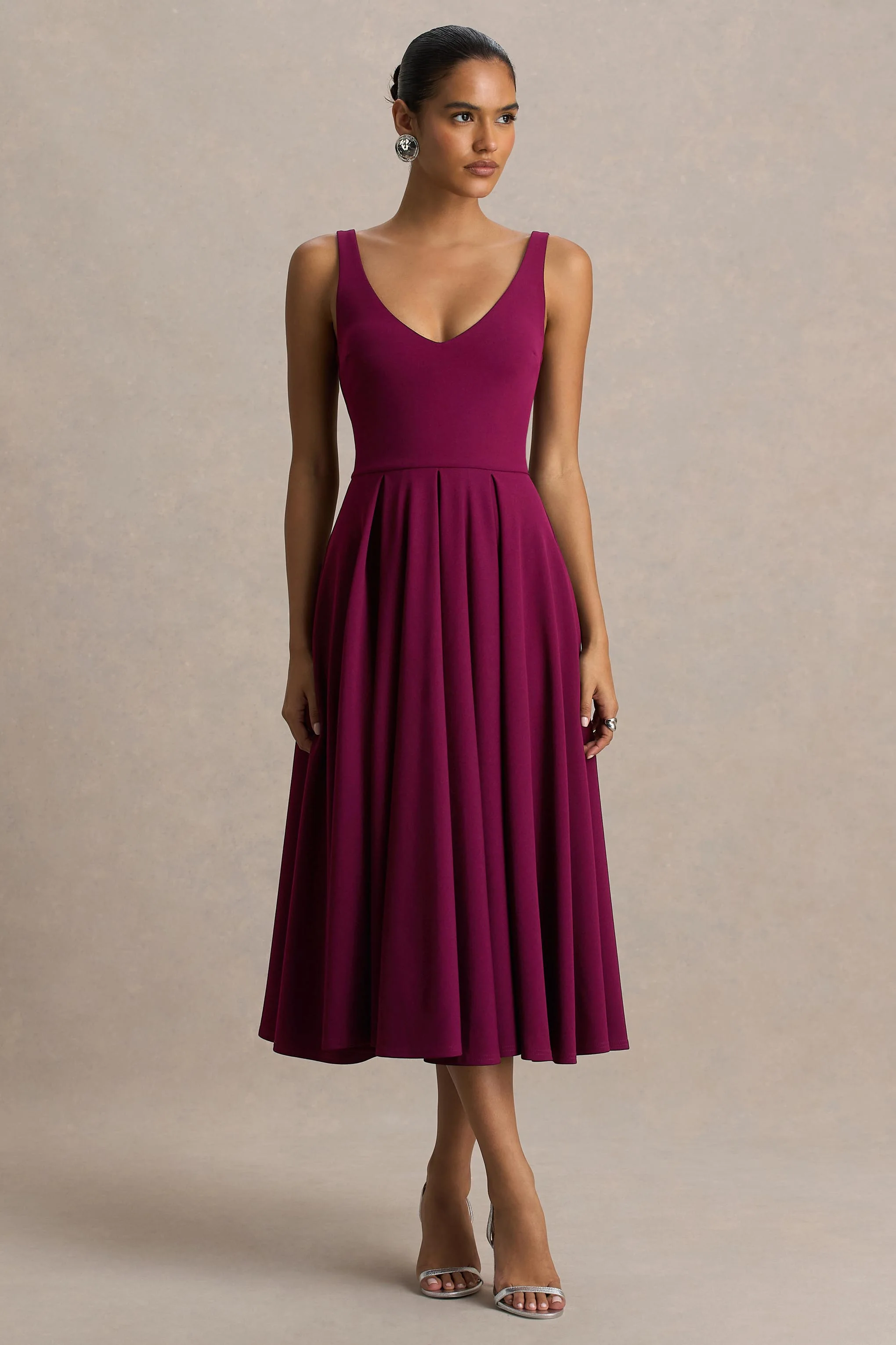 Depths | Burgundy V-Neck Midi Dress