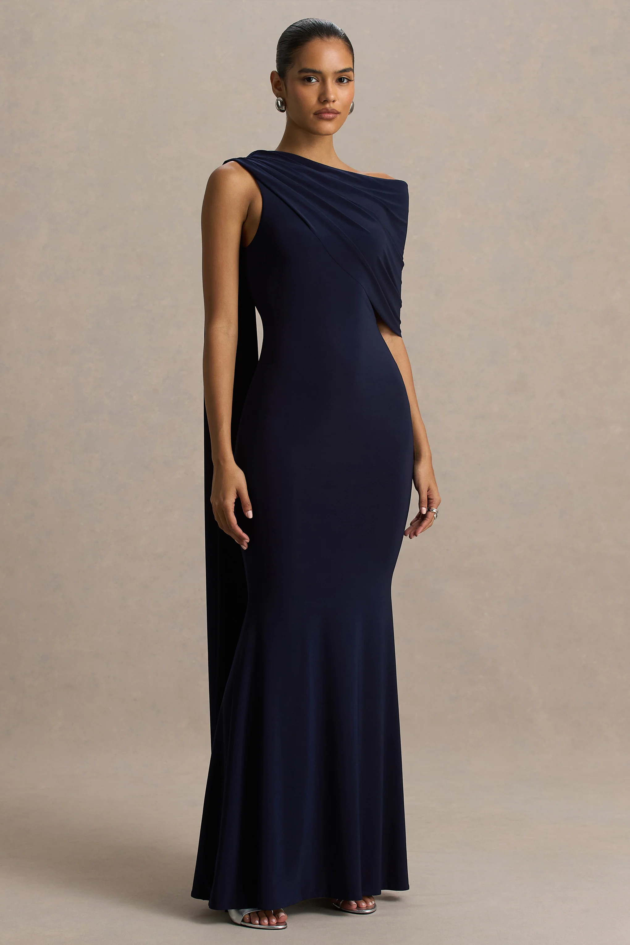 Tiana | Navy Asymmetric-Neck Maxi Dress With Drape-Detail