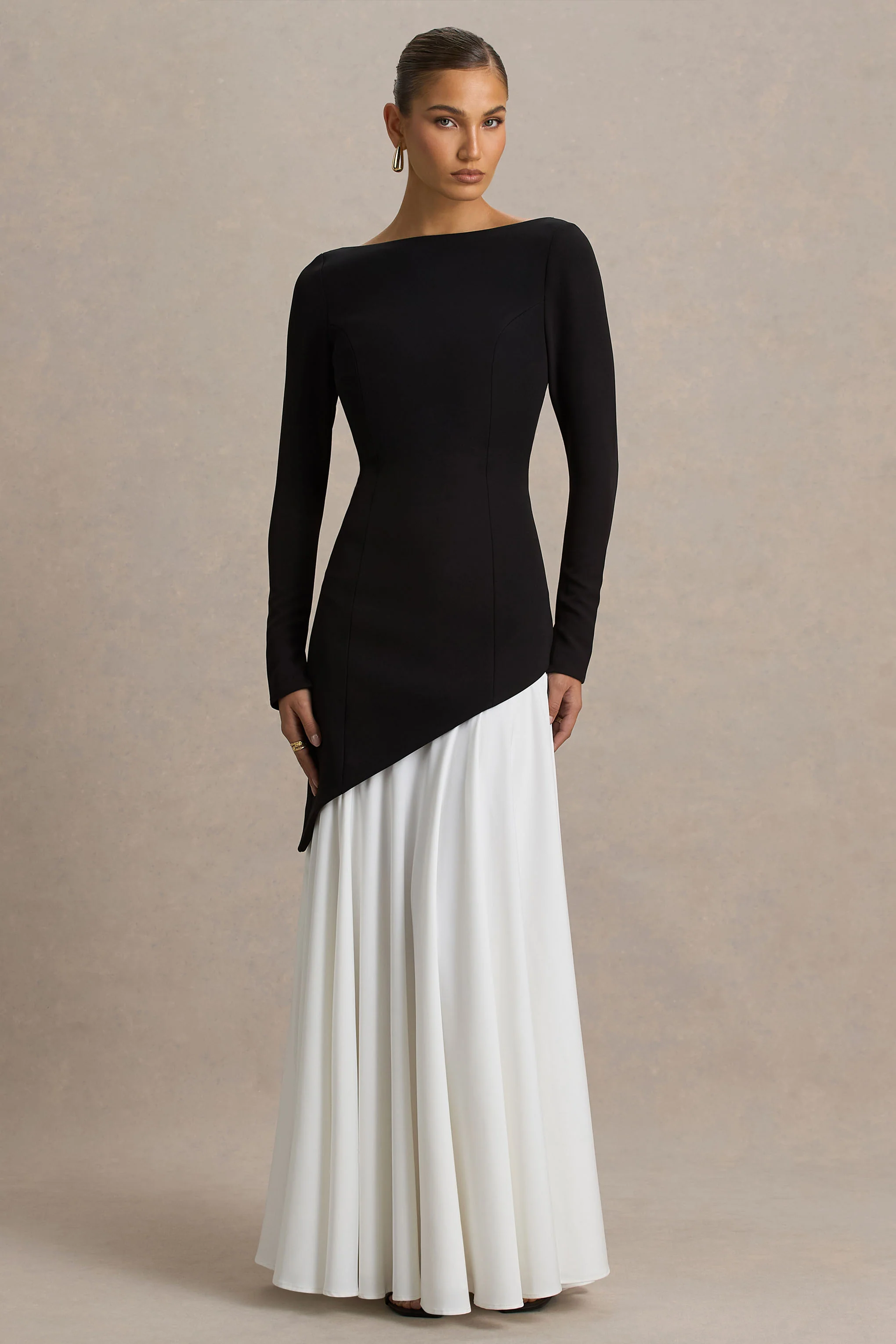 Caty | Black And White Long-Sleeved Maxi Dress With Drop-Waist And Ruffled Detailing