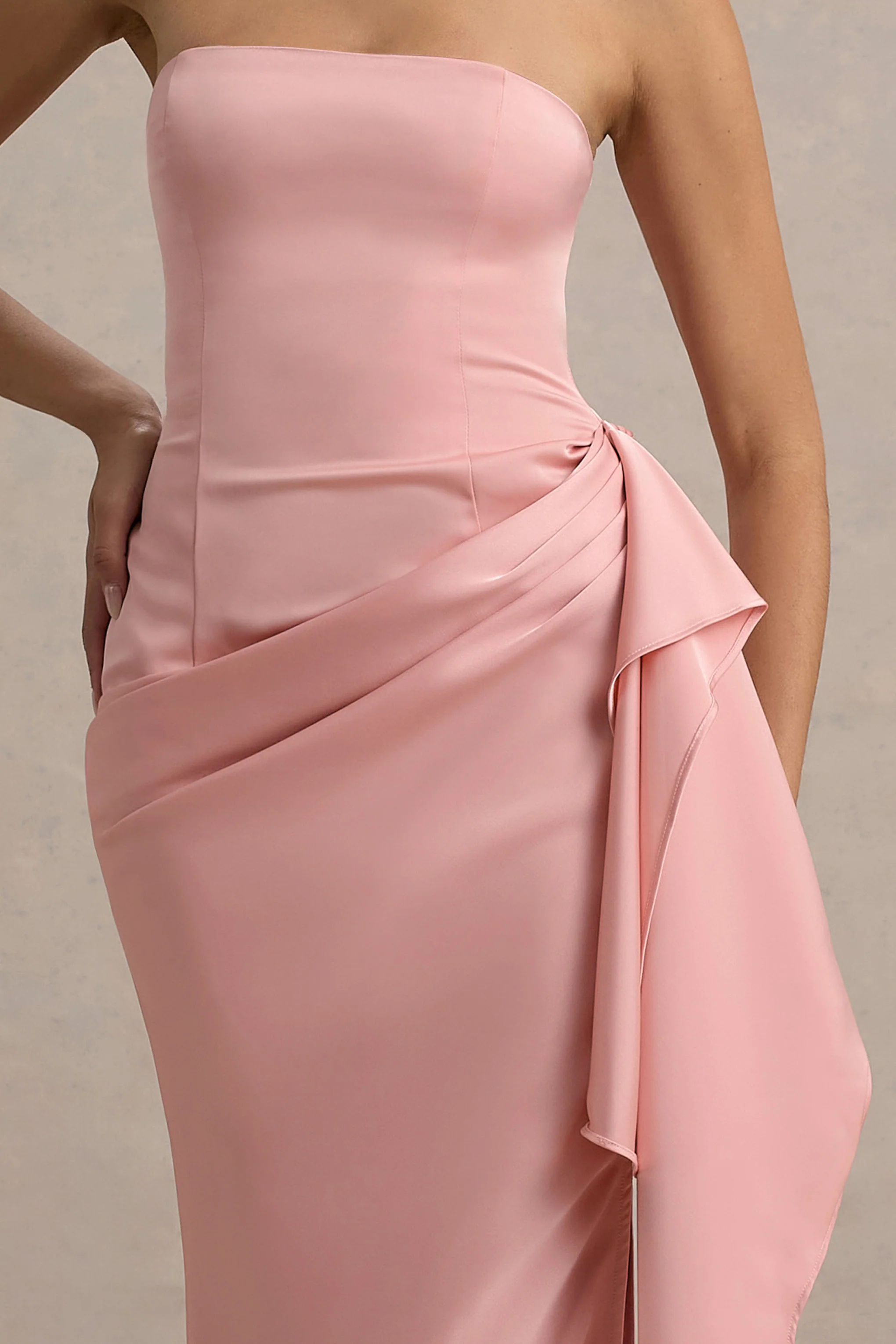 Loz | Light Pink Satin Bandeau Draped Maxi Dress