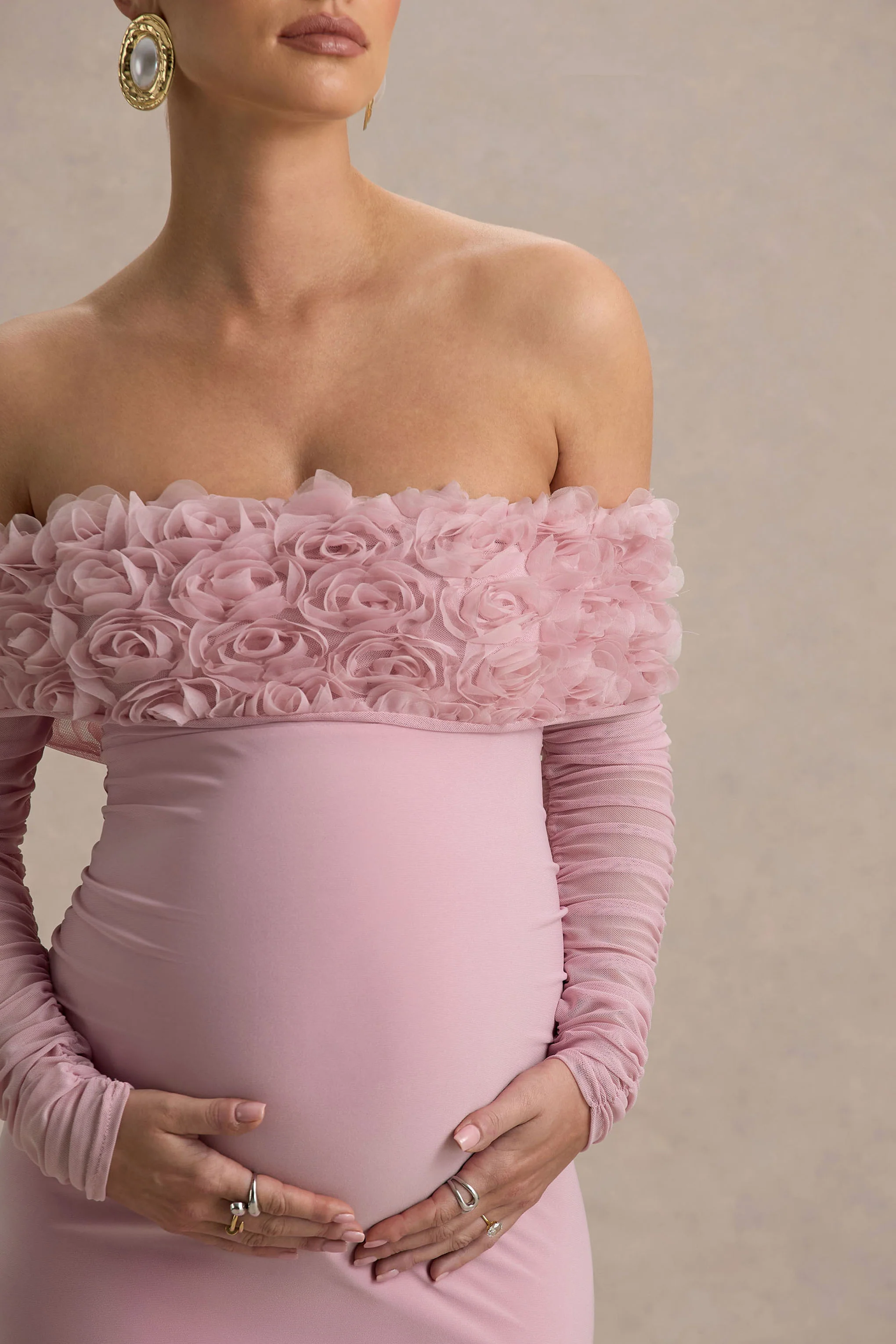 Adita | Blush Pink Mesh Floral Bardot Maternity Midi Dress