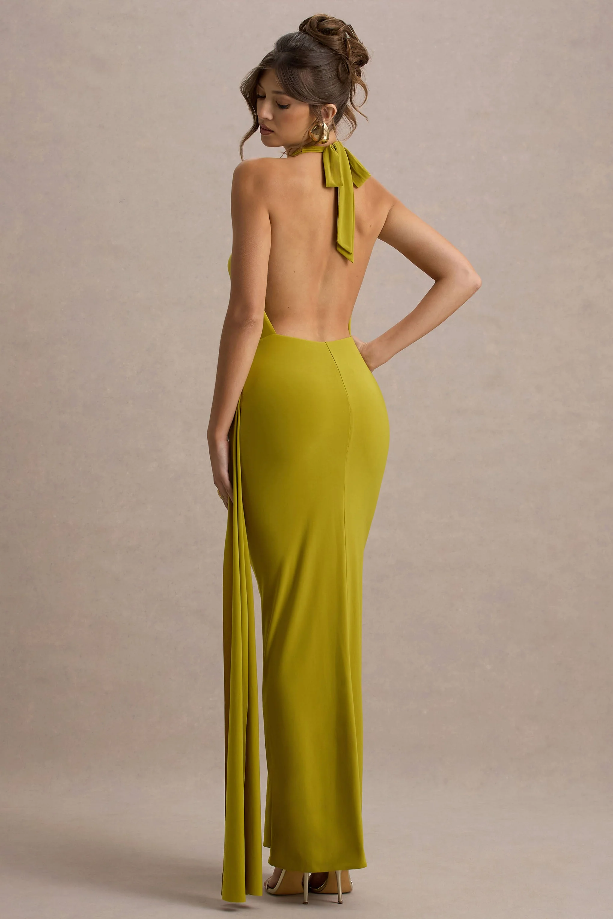 Rosina | Green Halter-Neck Draped Maxi Dress With Sash