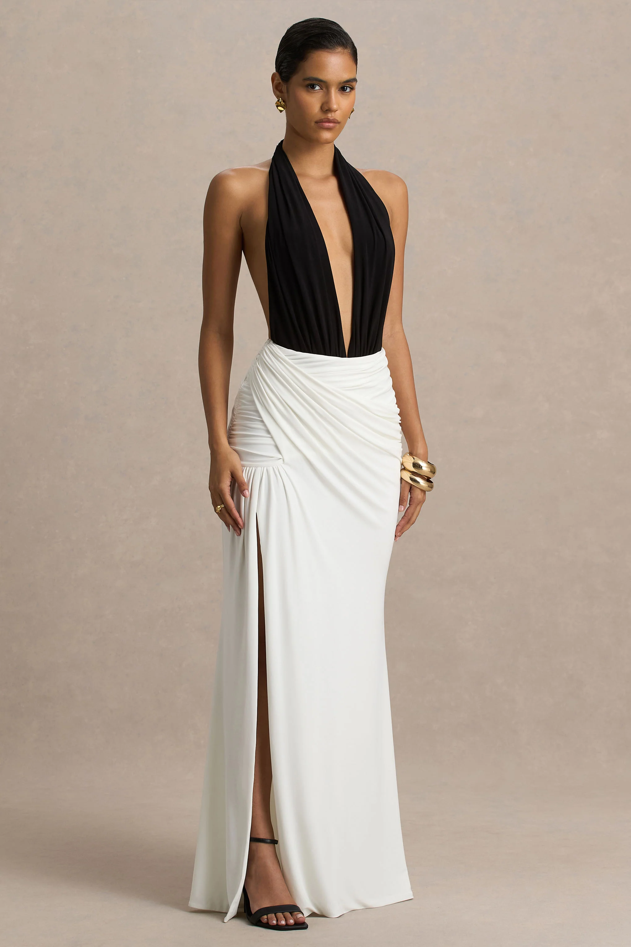 Tilly | Black And White Extreme-Plunge Neck Maxi Dress With Wrap And Ruched Details