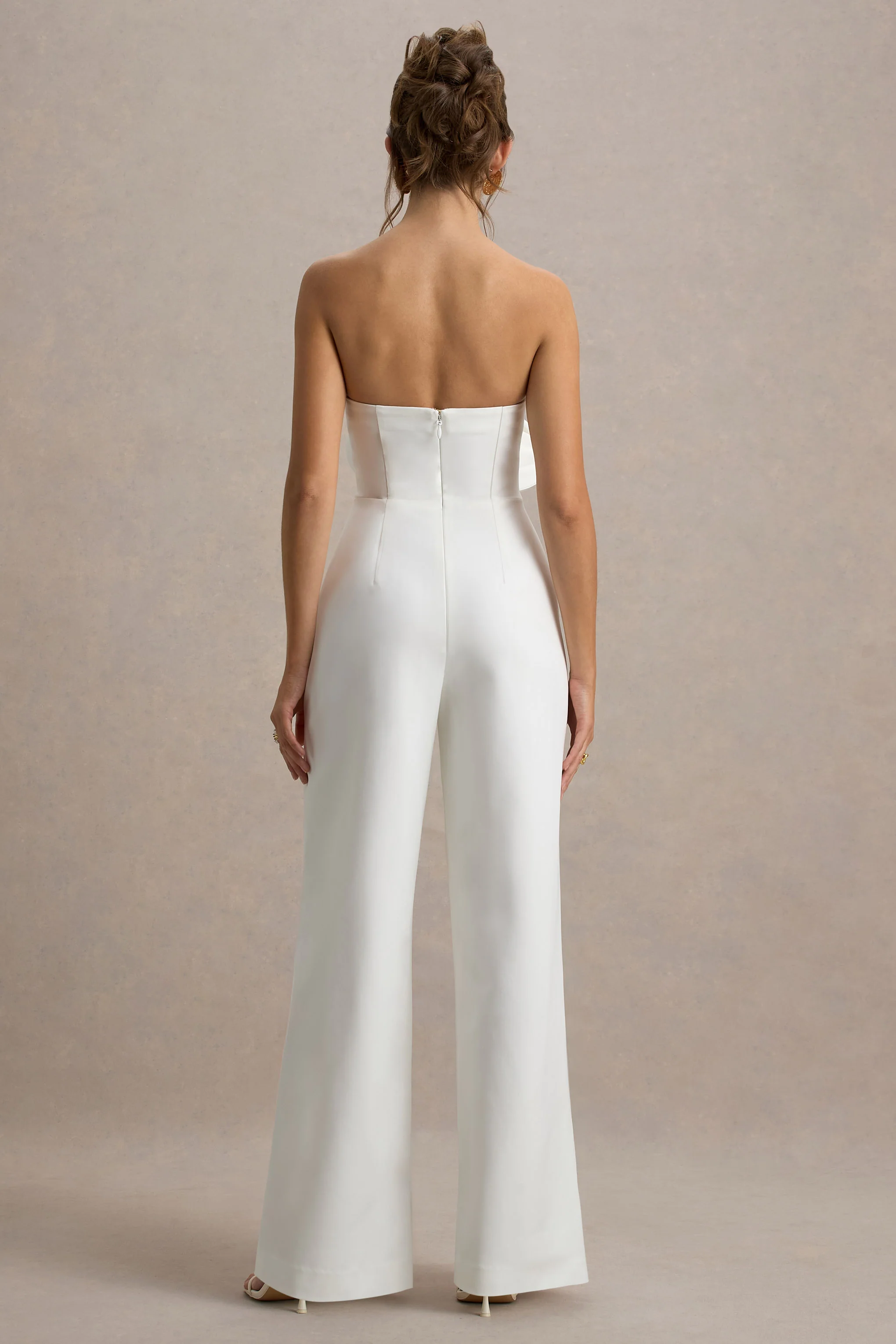 Opia | White Bandeau Wide-Leg Jumpsuit With Large Floral Corsage