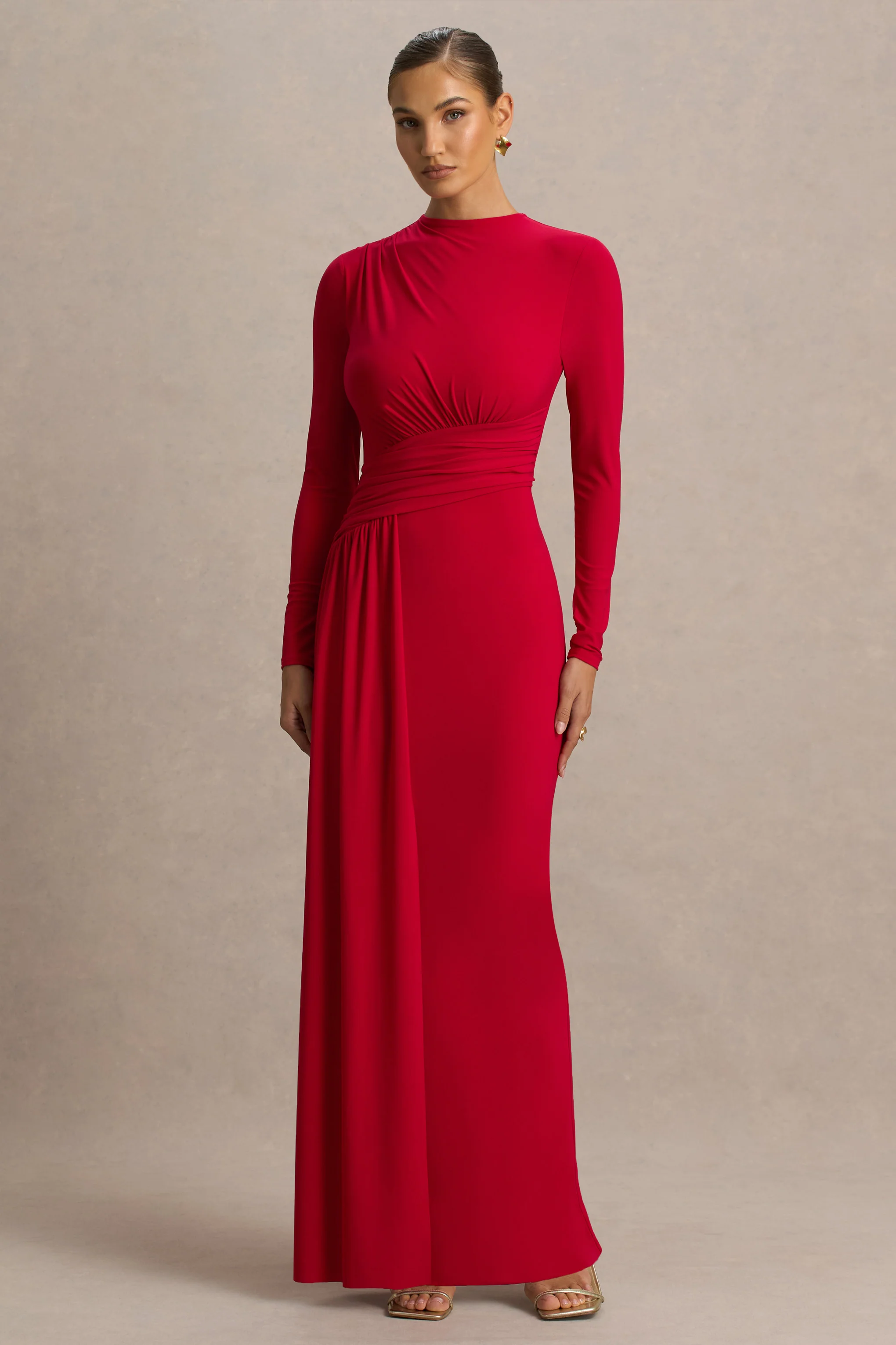 Virelle | Red Boat-Neck Maxi Dress With Drop-Waist