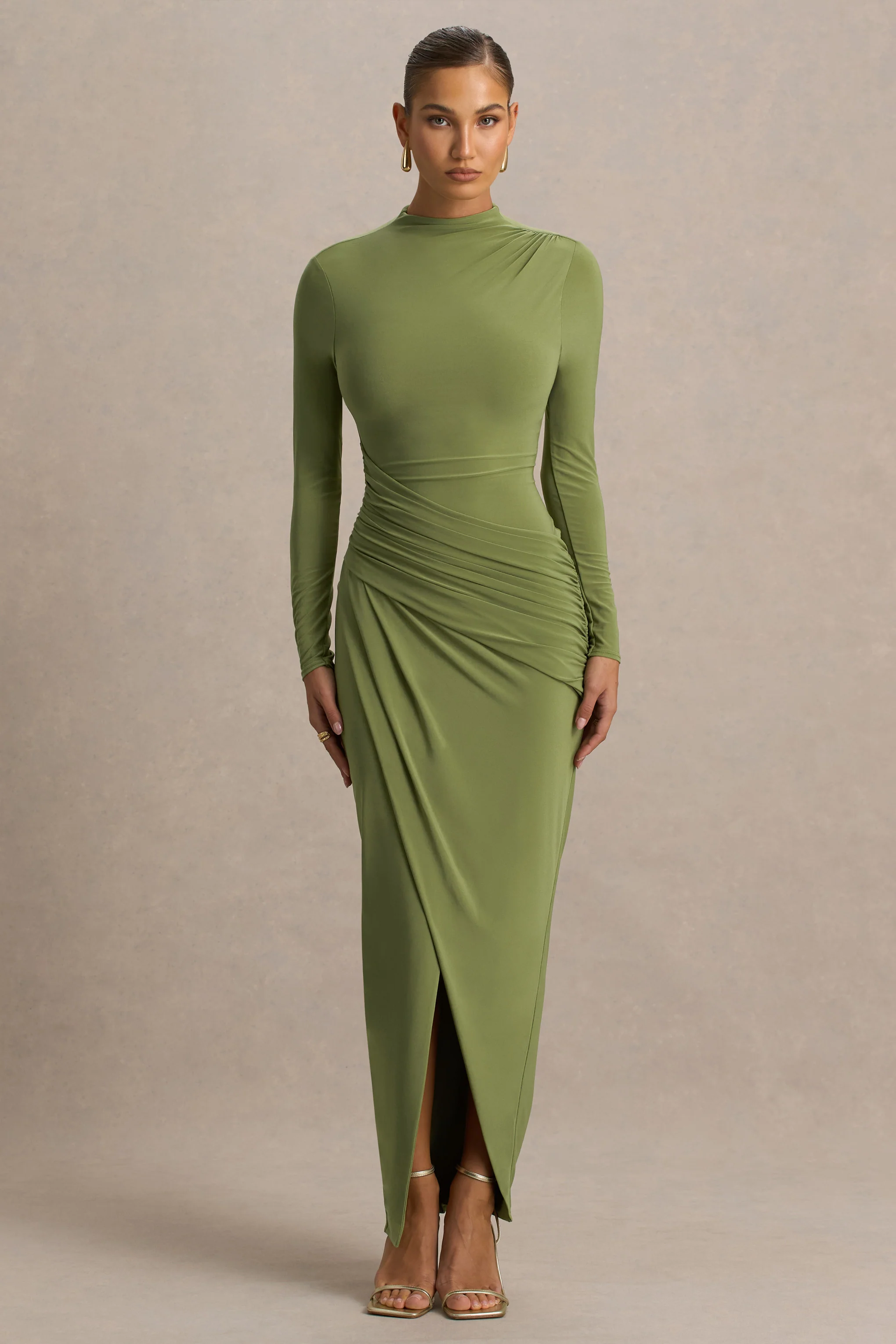 Zephyra | Olive High-Neck Wrapped Maxi Dress