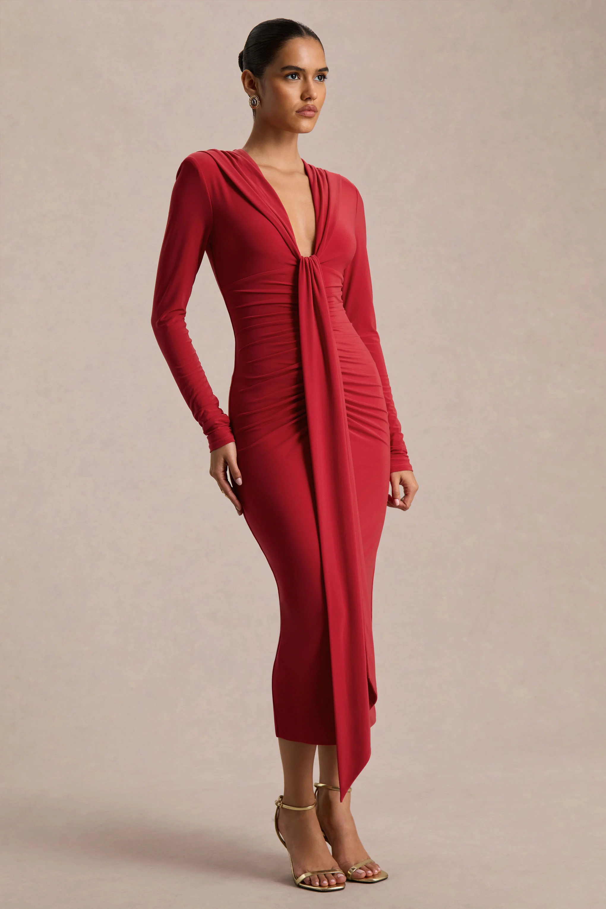 Ivara | Red Plunge-Neck Maxi Dress With Ruched Detailing And Sash