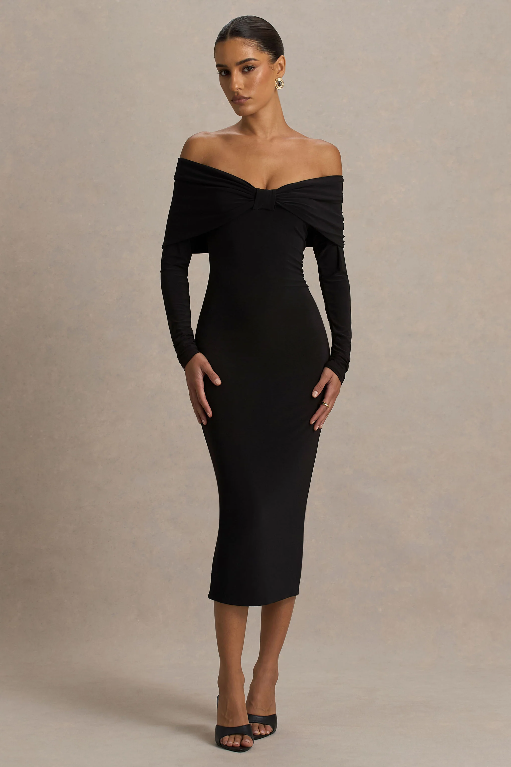 Spark | Black Bardot-Neck Midi Dress With Bow Detail