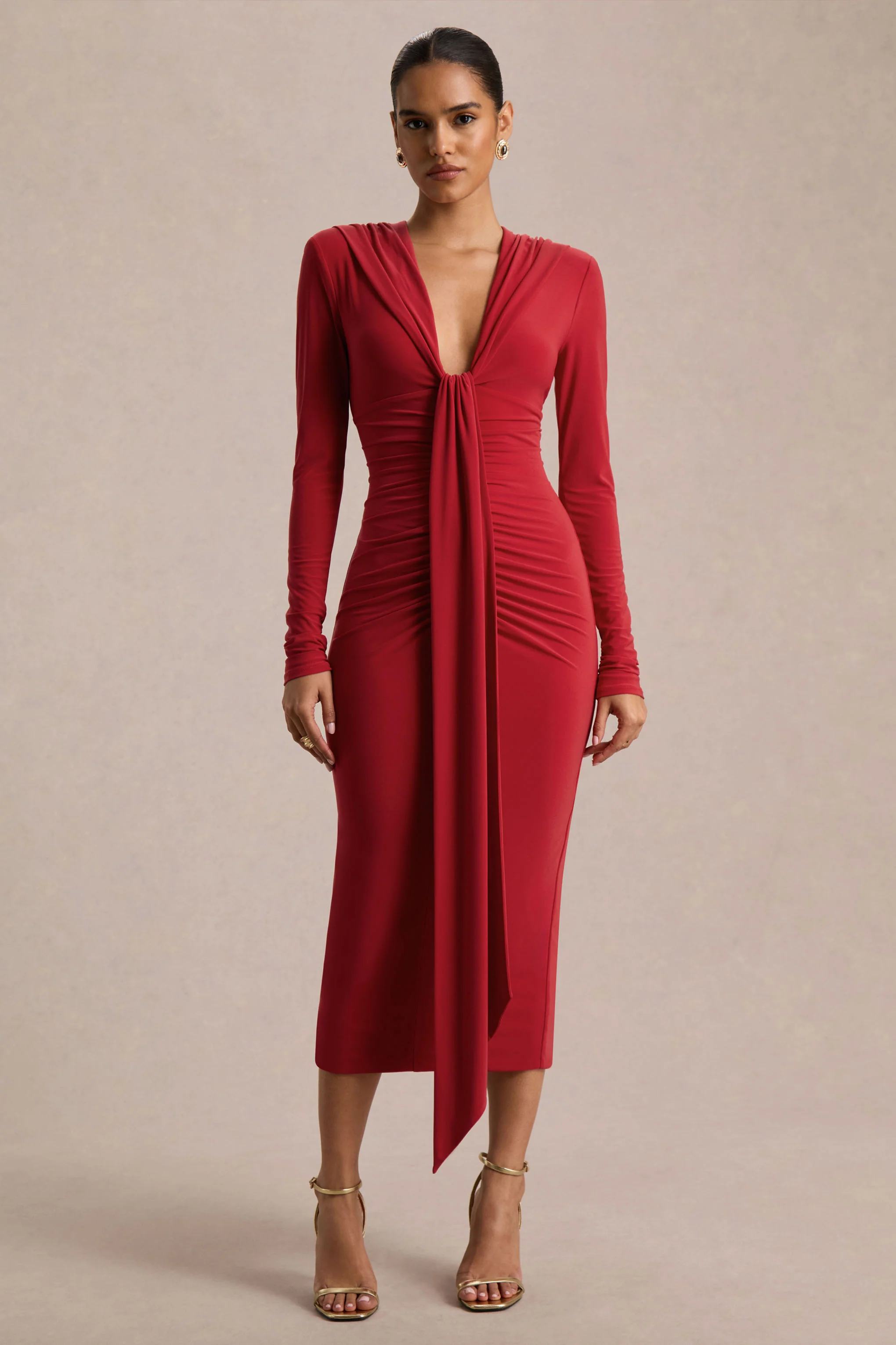 Ivara | Red Plunge-Neck Maxi Dress With Ruched Detailing And Sash