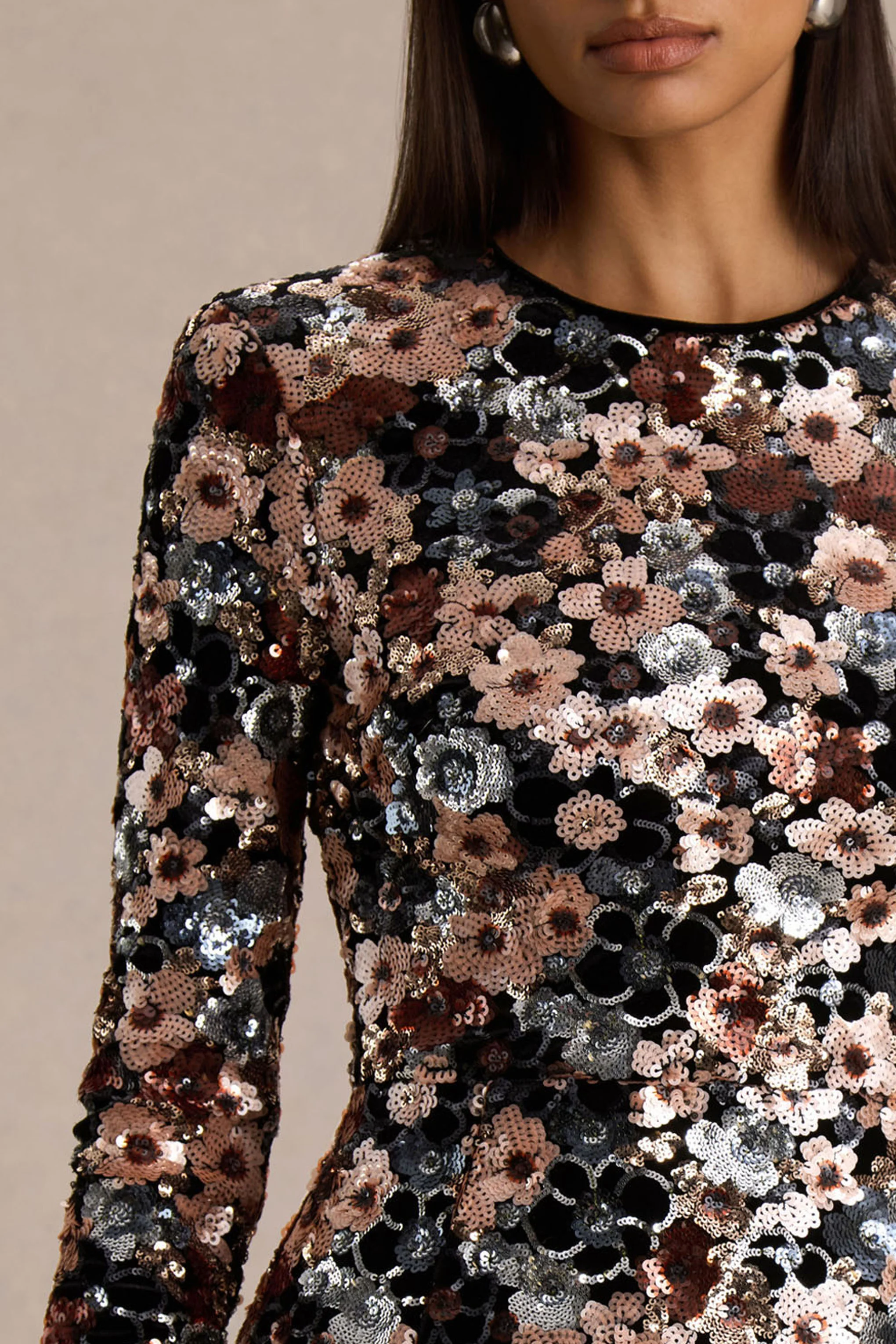 Adaline | Black Sequin Floral Velvet Long-Sleeved Mini Dress