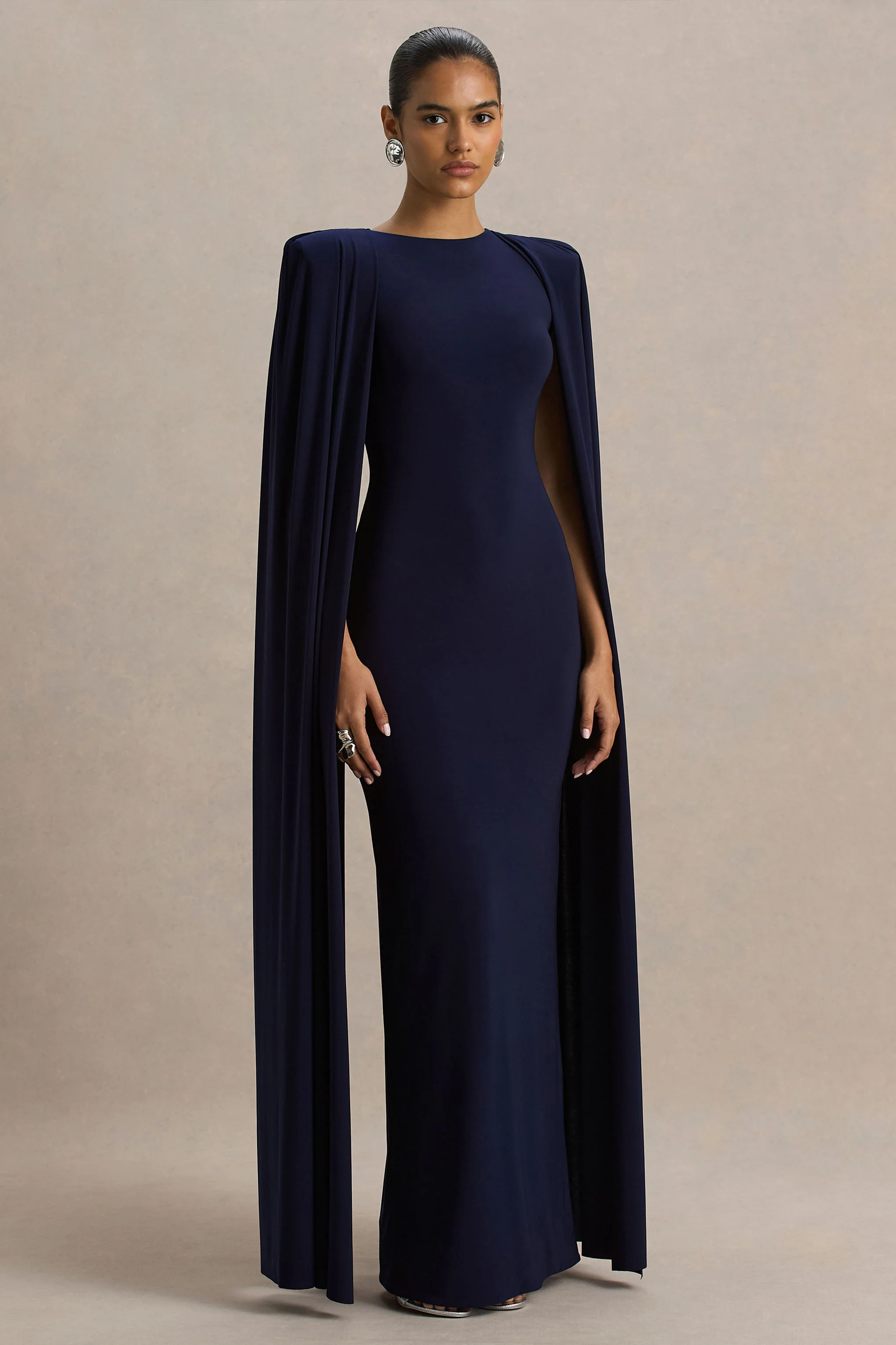 Mimi | Navy High-Neck Maxi Dress With Cape Sleeve Detail
