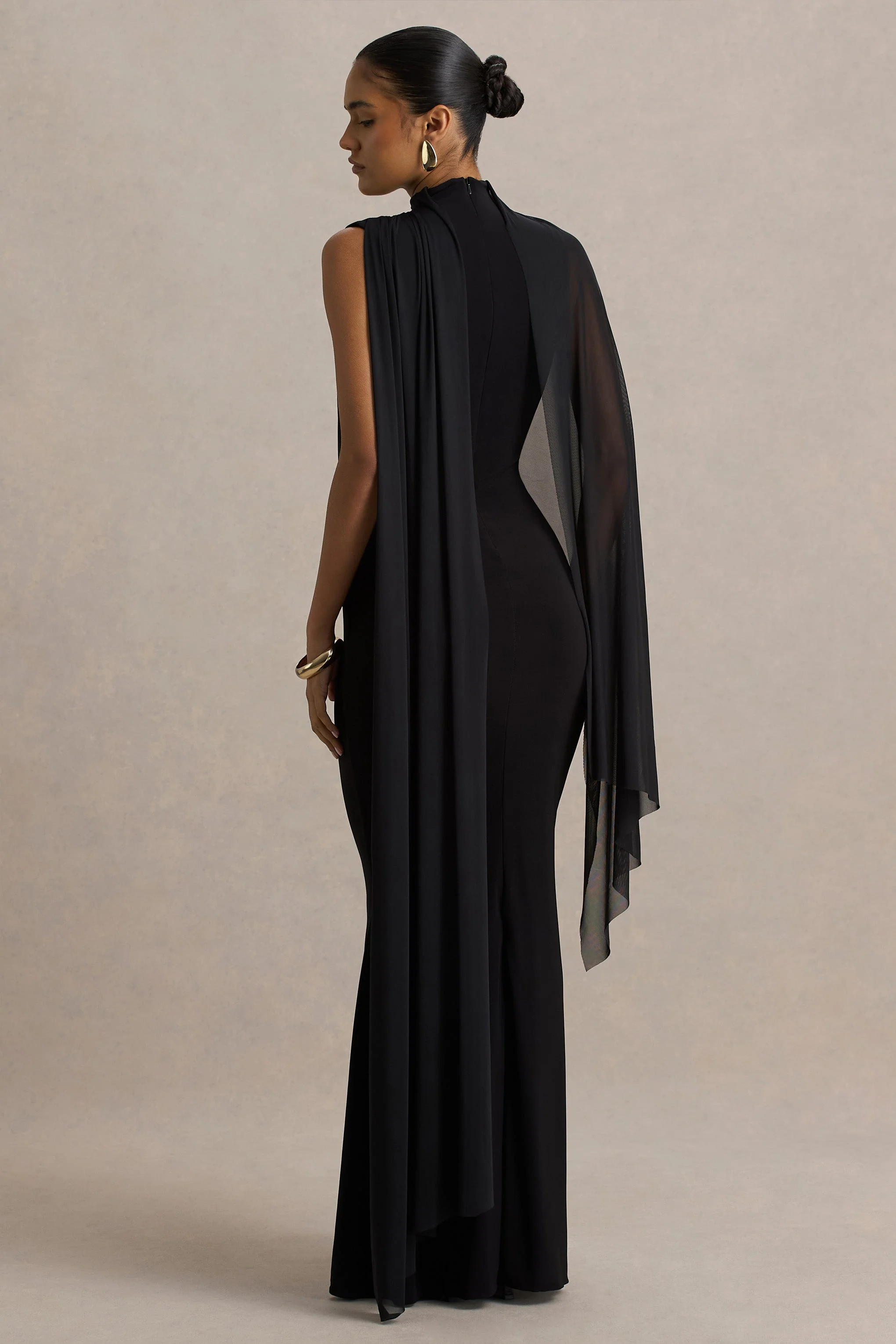 Amour | Black High-Neck Maxi Dress With Cape Sleeve Detail