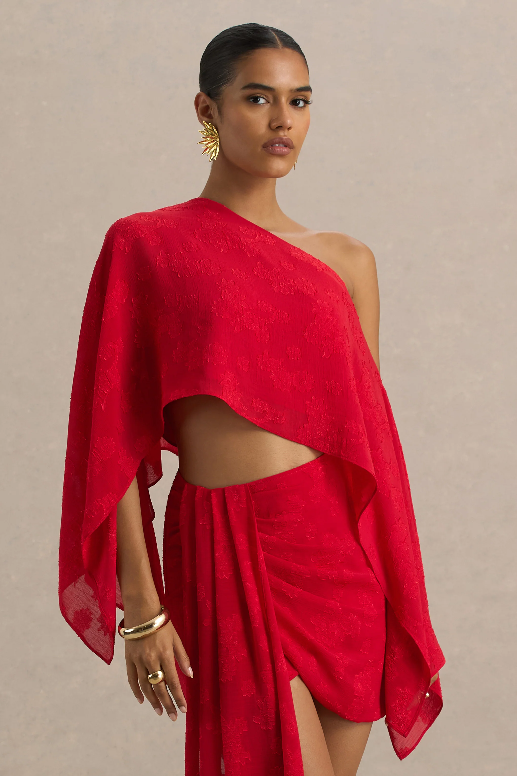 Aruba | Red Satin Devore Asymmetric Long-Sleeve Crop Top