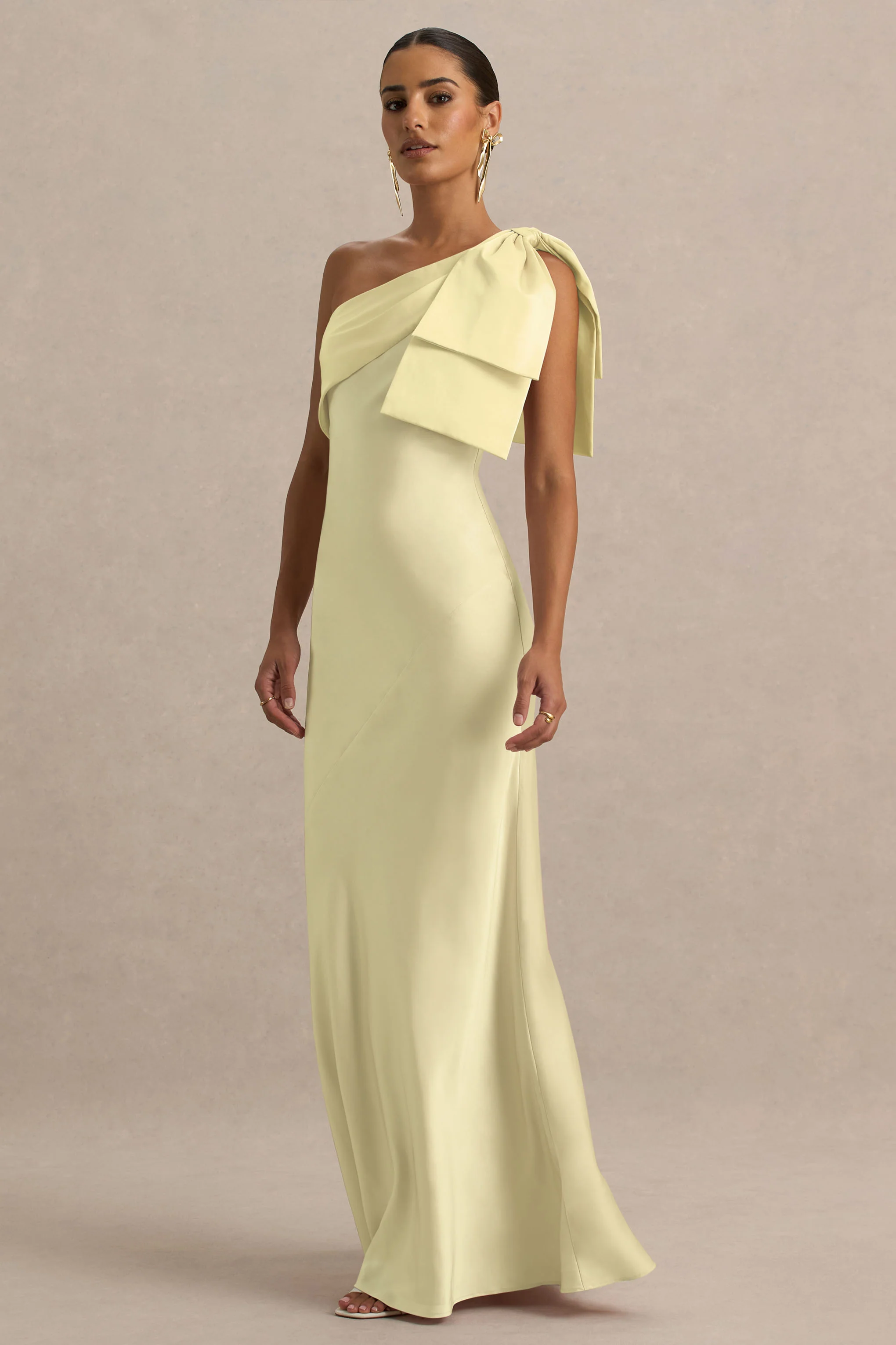 Valerie | Lemon Satin Asymmetric-Neck Maxi Dress With Bow Detail