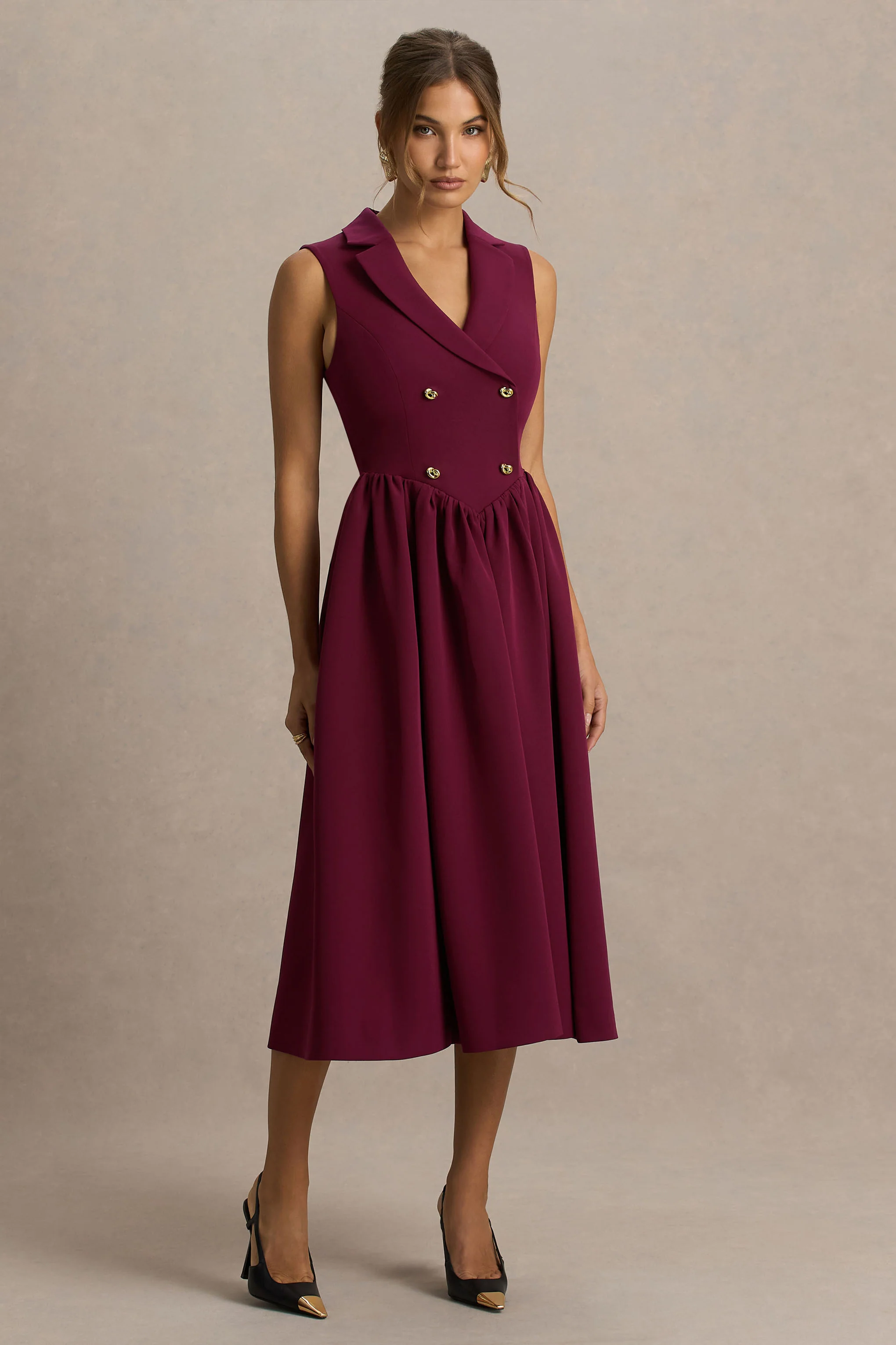 Lisa | Burgundy Plunge-Neck Tailored Midi Dress