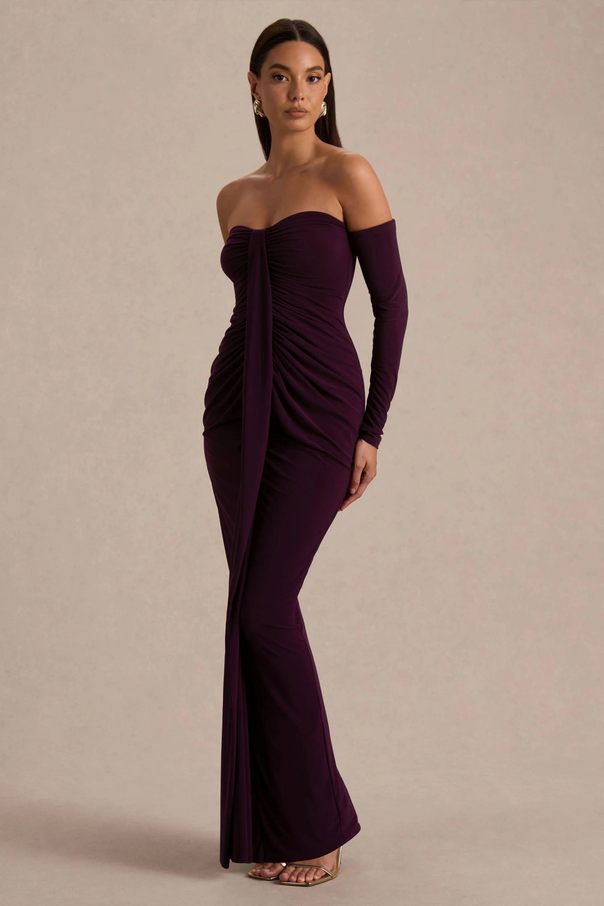 Harper | Plum Bardot-Neck Maxi Dress
